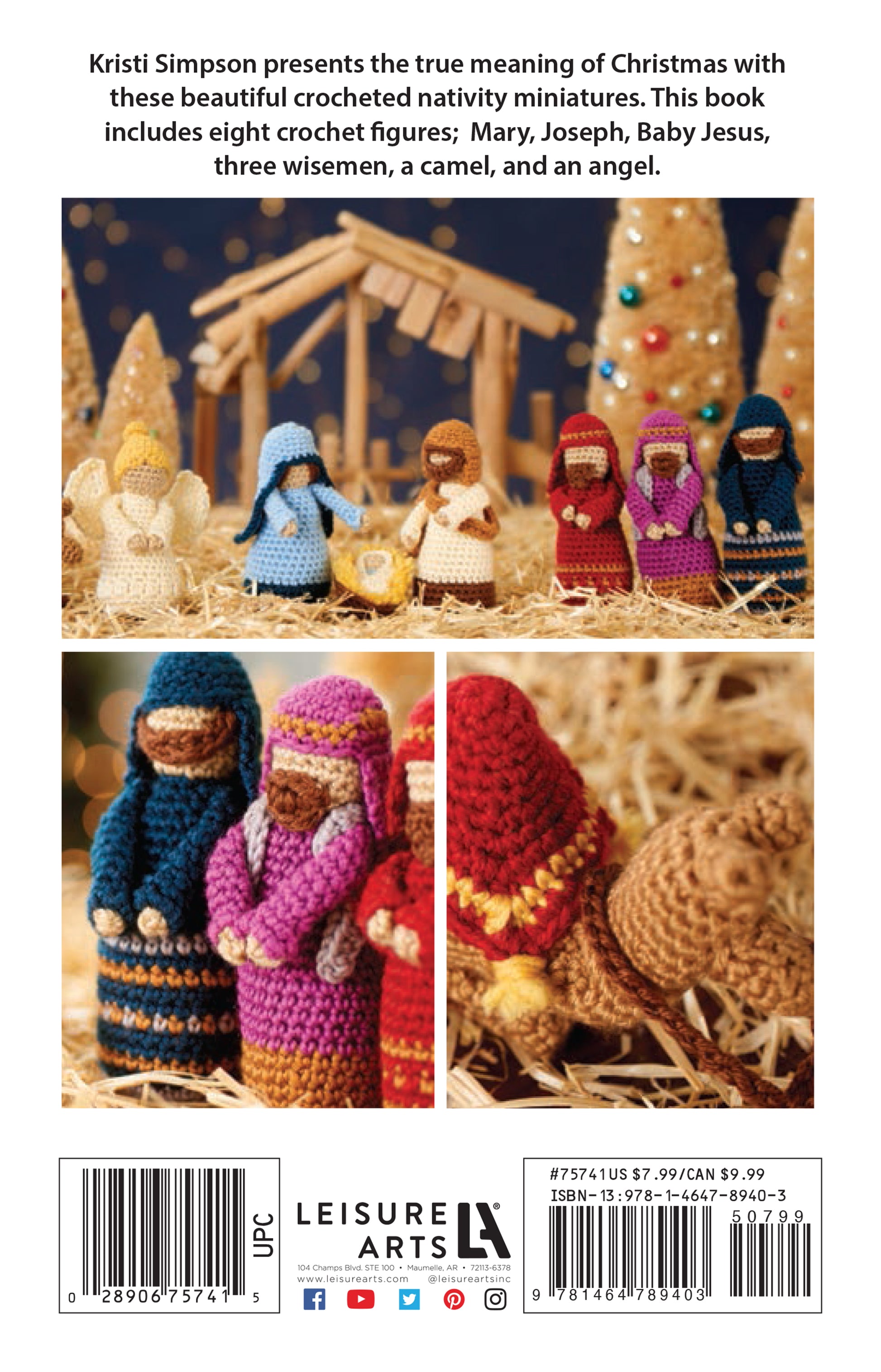 The Leisure Arts Crochet Nativity Digital Download features eight colorful amigurumi figures—Mary, Joseph, Baby Jesus in a manger, three wise men, an angel, and a camel—with simple backgrounds, ideal for beginner crocheters.