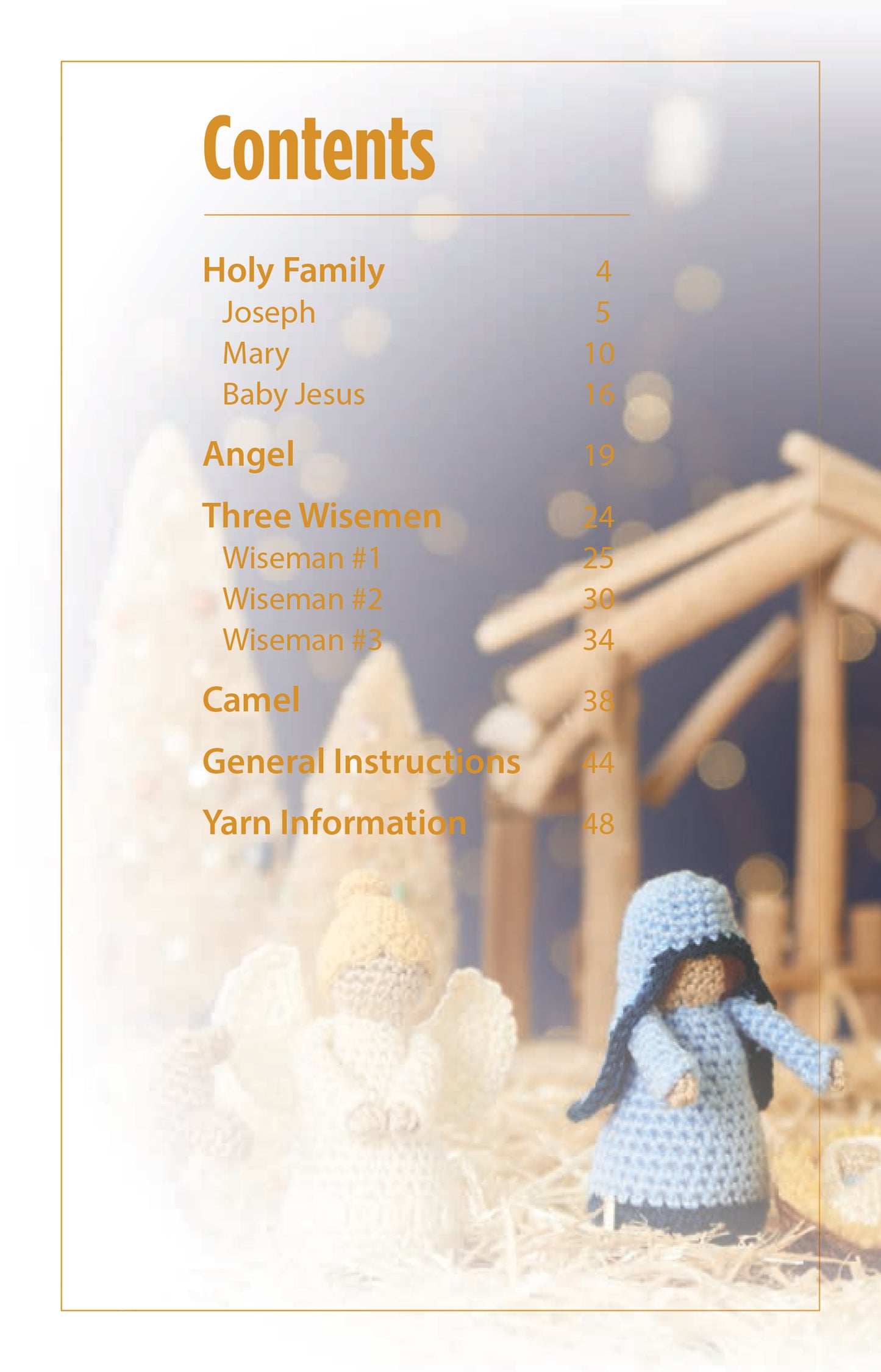 The table of contents page from “Crochet Nativity Digital Download” by Leisure Arts showcases soft-focus amigurumi nativity figures like Mary and an angel, set against a stable scene—perfect for beginner crochet enthusiasts.