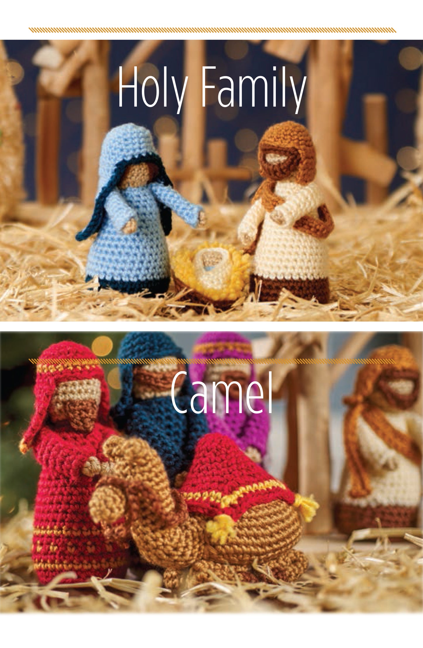 The Crochet Nativity Digital Download by Leisure Arts features beginner-friendly amigurumi patterns: the top scene shows Mary, Joseph, and baby Jesus; the bottom depicts three wise men with a camel. Includes labeled Holy Family and Camel sections.