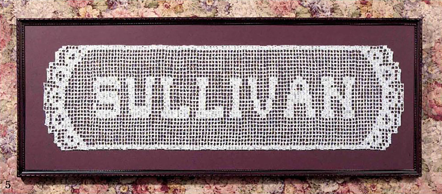 Showcase your family name in style with the “Your Name & More in Filet Crochet Digital Download” by Leisure Arts—a stunning framed piece created from bedspread-weight cotton yarn. Featuring intricate crochet motif patterns and block letter customization, this unique heirloom is beautifully displayed on a floral-patterned carpet background for a personalized touch.