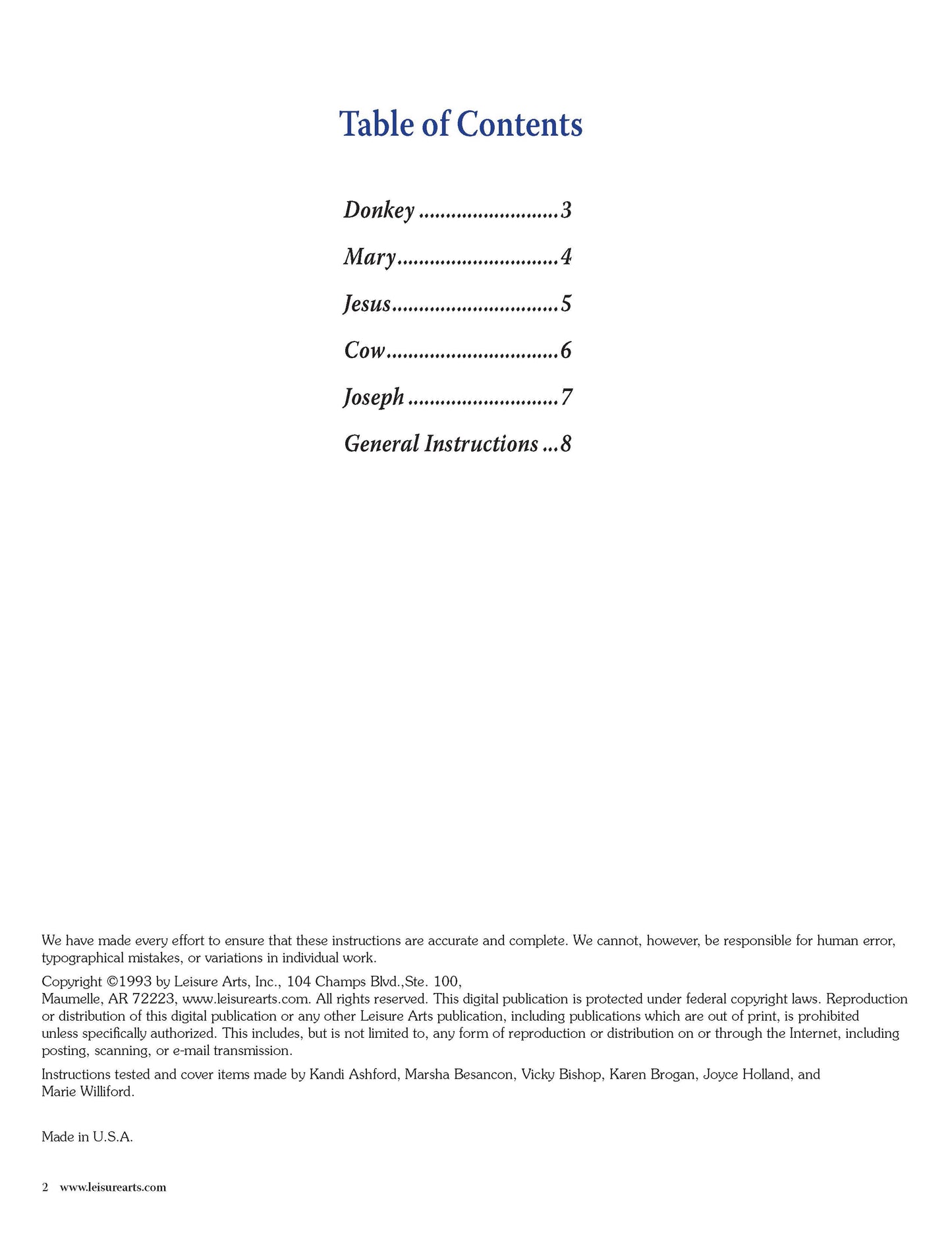 The Holy Family Heirloom Nativity Book 1 by Leisure Arts includes a Table of Contents for Donkey, Mary, Jesus, Cow, Joseph, and General Instructions with page numbers. Footer lists copyright info, contributors like Carol Emmer, and the print ISBN.