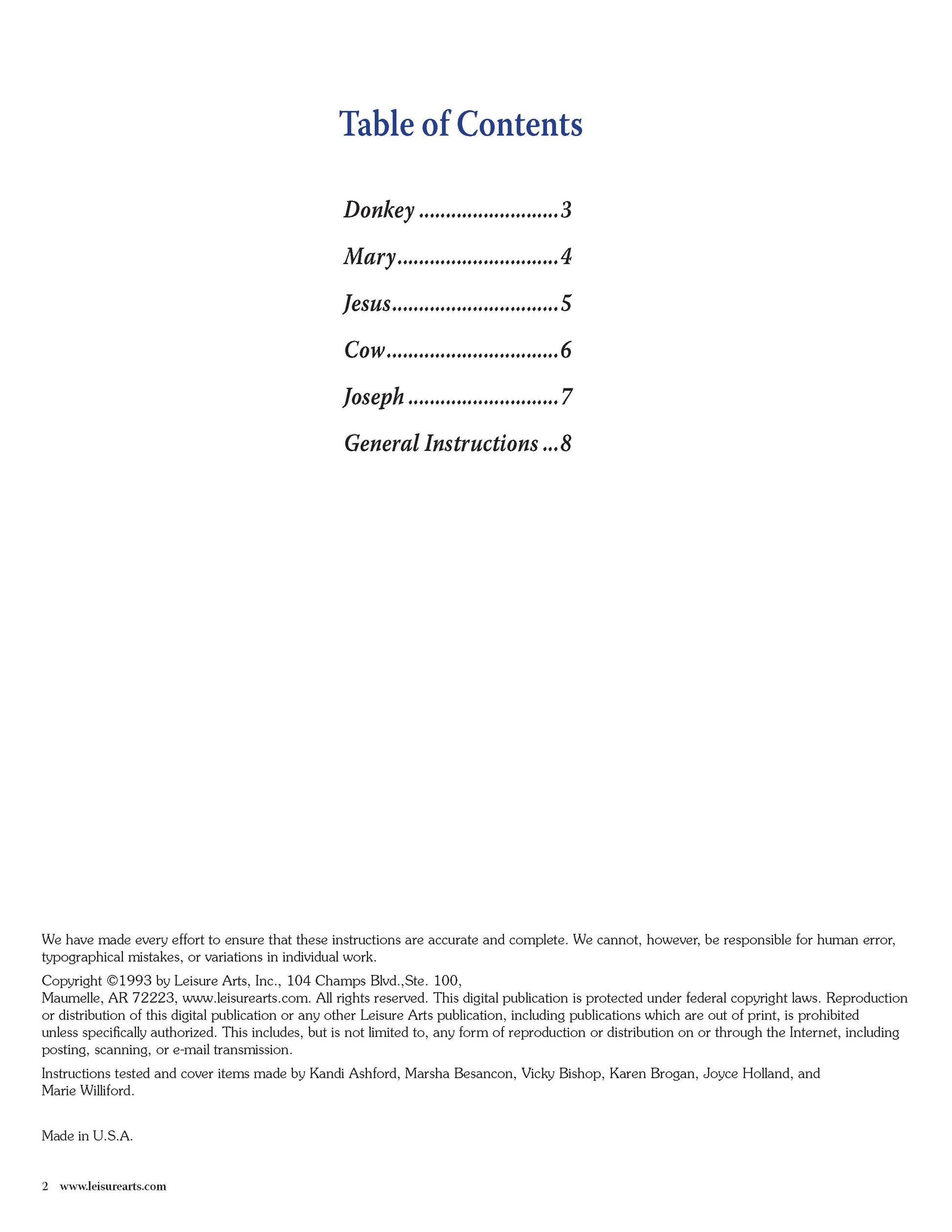 The Holy Family Heirloom Nativity Book 1 by Leisure Arts includes a Table of Contents for Donkey, Mary, Jesus, Cow, Joseph, and General Instructions with page numbers. Footer lists copyright info, contributors like Carol Emmer, and the print ISBN.
