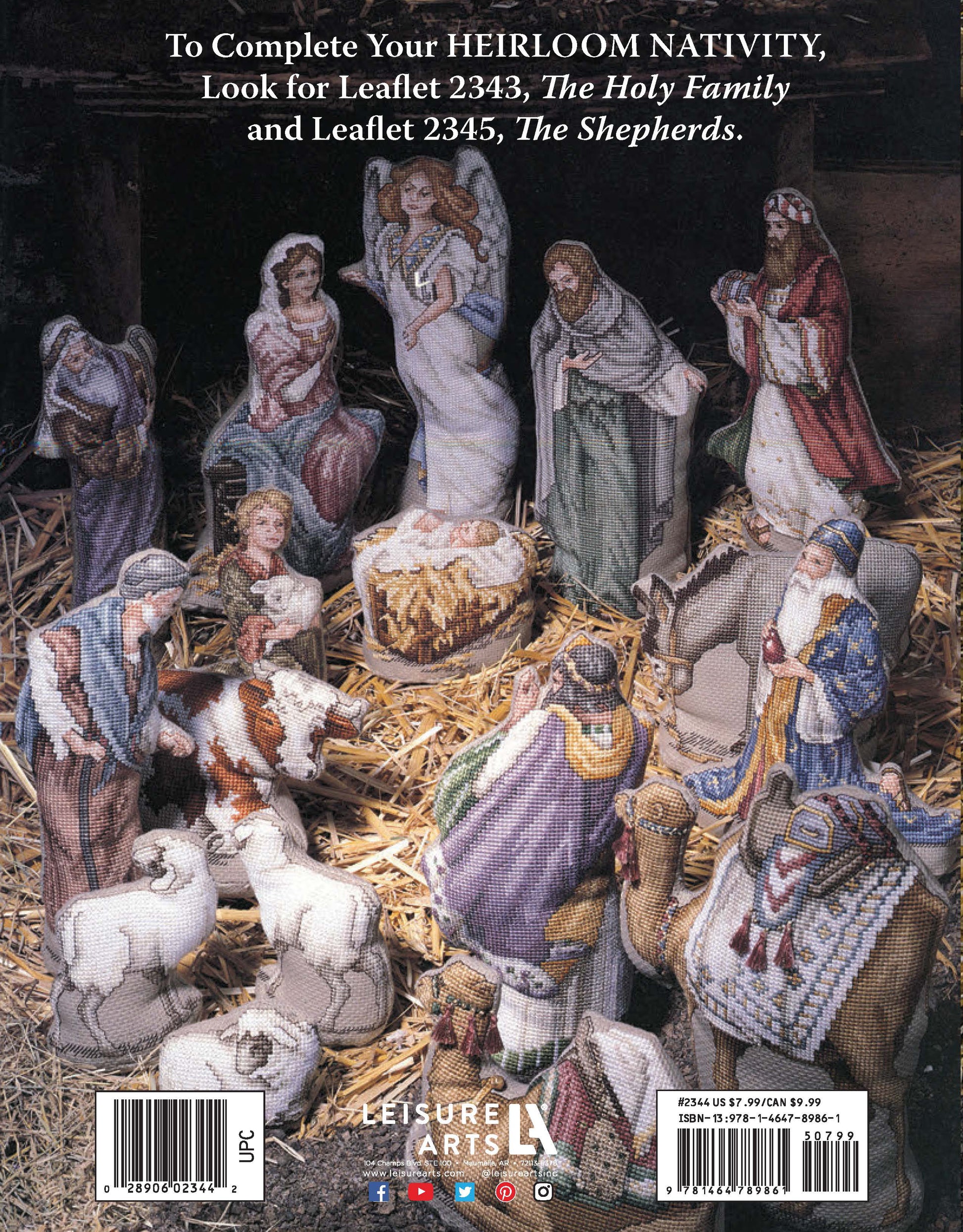 The Wise Men Heirloom Nativity Book 2 by Leisure Arts features cross-stitched figures of The Holy Family, Wise Men, shepherds, animals, and angels in a detailed nativity scene; product details are at the top and bottom.