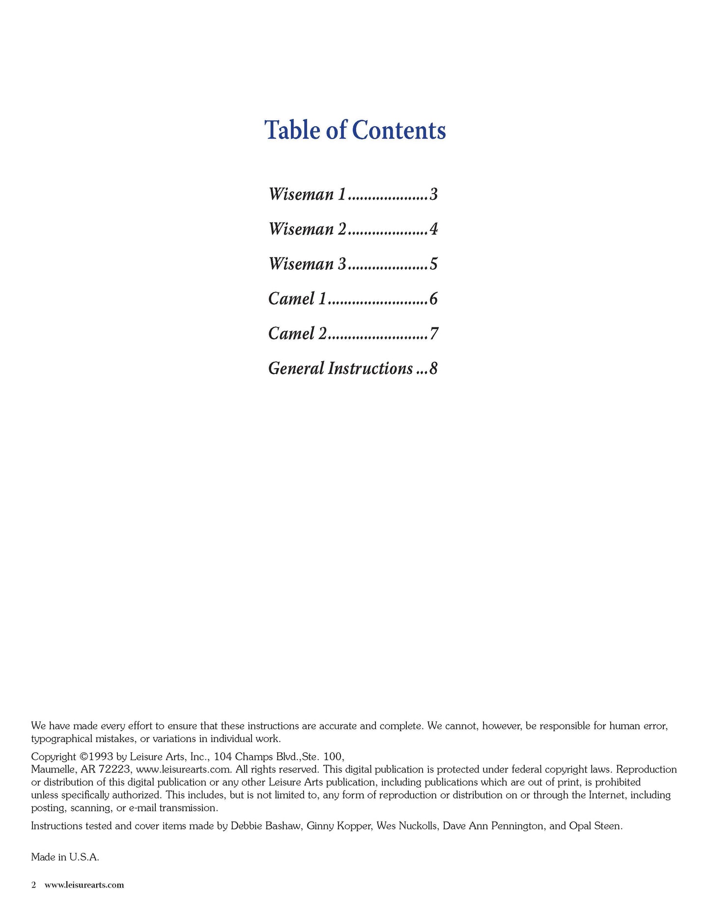 A table of contents lists: Wiseman 1, Wiseman 2, Camel 1, Camel 2, and General Instructions for The Wise Men Heirloom Nativity Book 2 by Leisure Arts. Copyright and publishing info are shown at the bottom.