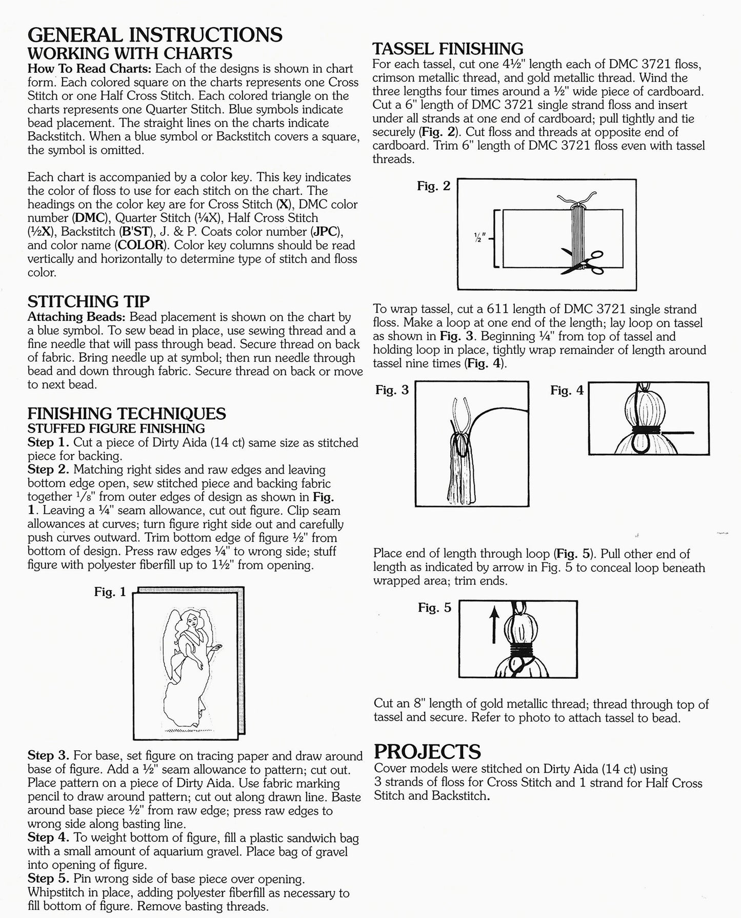 A black-and-white instructional guide for The Wise Men Heirloom Nativity Book 2 by Leisure Arts features diagrams of thread and needle techniques, a chart legend, stitching tips, and finishing directions for tassels and cord.
