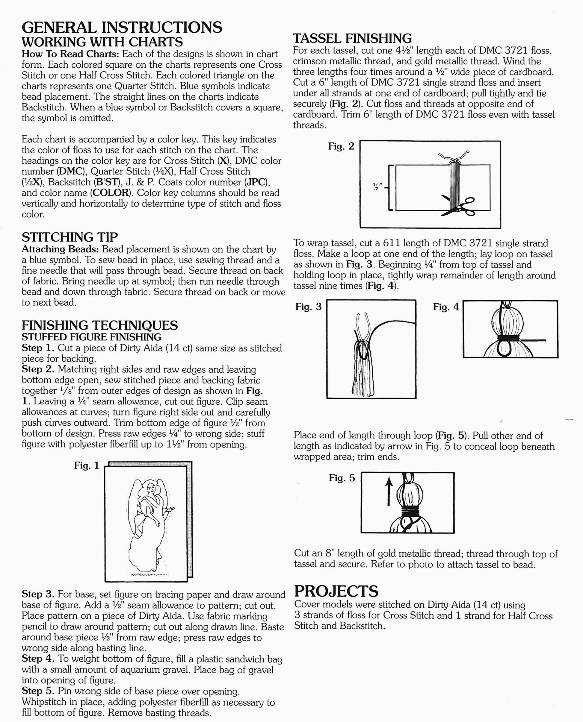 A black-and-white instructional guide for The Wise Men Heirloom Nativity Book 2 by Leisure Arts features diagrams of thread and needle techniques, a chart legend, stitching tips, and finishing directions for tassels and cord.