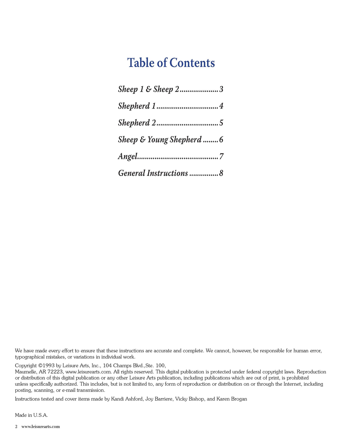 The Shepherds Heirloom Nativity Book 3 by Leisure Arts features a Table of Contents with sections for Sheep 1 & 2, Sheep 3, Shepherd 2, Sheep & Young Shepherd, and General Instructions—ideal for cross stitch projects. Copyright at the bottom.