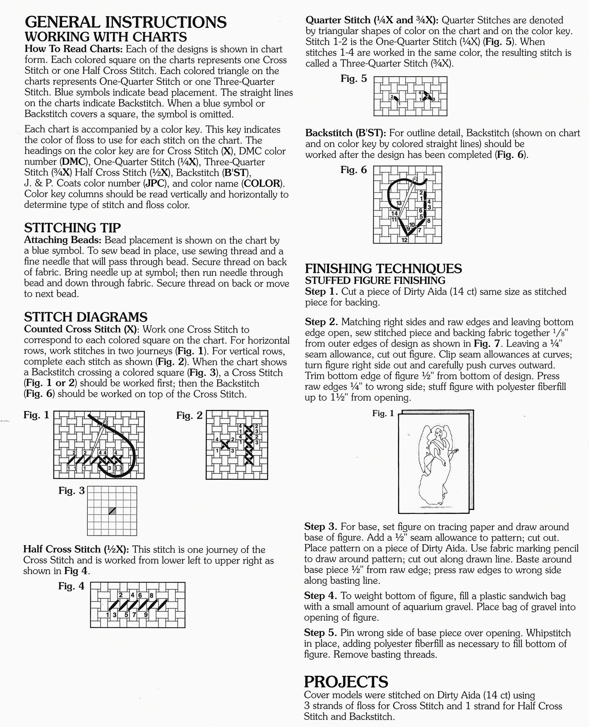 A detailed reference page by Leisure Arts from The Shepherds Heirloom Nativity Book 3, with text, small diagrams, and labeled charts on reading charts, stitching techniques, backstitching, and finishing touches for cross stitch projects.