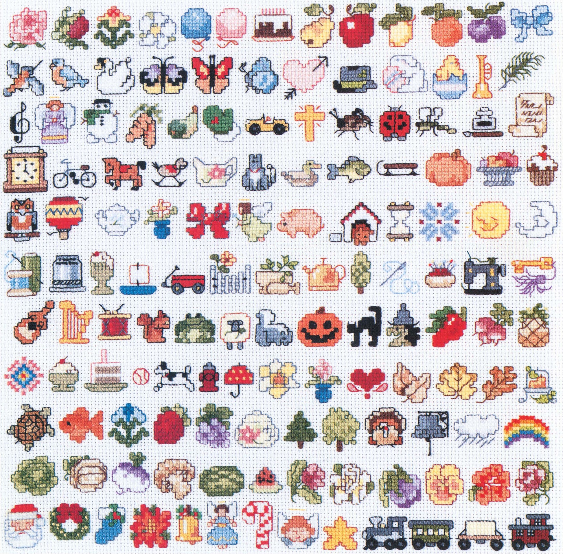 Leisure Arts' "150 Itty-Bitty Motifs" digital download features a grid of small, detailed icons—animals, plants, holidays, food, and more—on a white background. Perfect for beginners with its easy skill level and full-color chart.