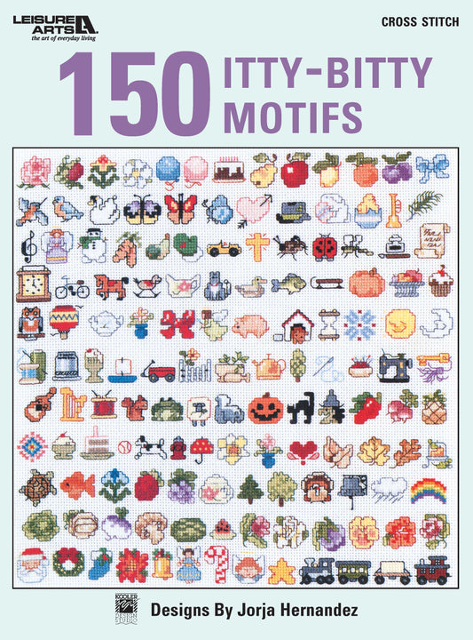 The cover of the "150 Itty-Bitty Motifs Digital Download" from Leisure Arts features a colorful grid of small cross stitch patterns, including animals and holiday icons. Includes full color charts in a digital format.