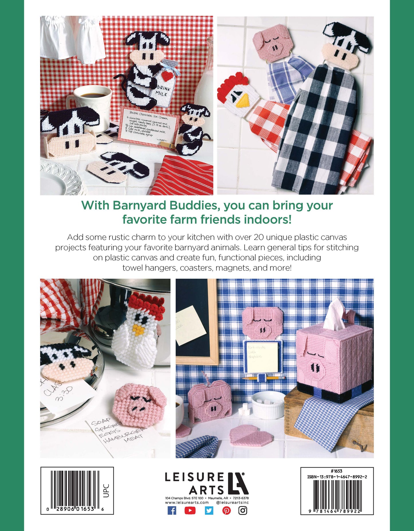 Barnyard Buddies in Plastic Canvas by Leisure Arts features cow and pig crafts for the kitchen, including beginner stitching patterns for tissue box covers, coasters, towel hangers, and magnets. Perfect for colorful kitchen décor projects.