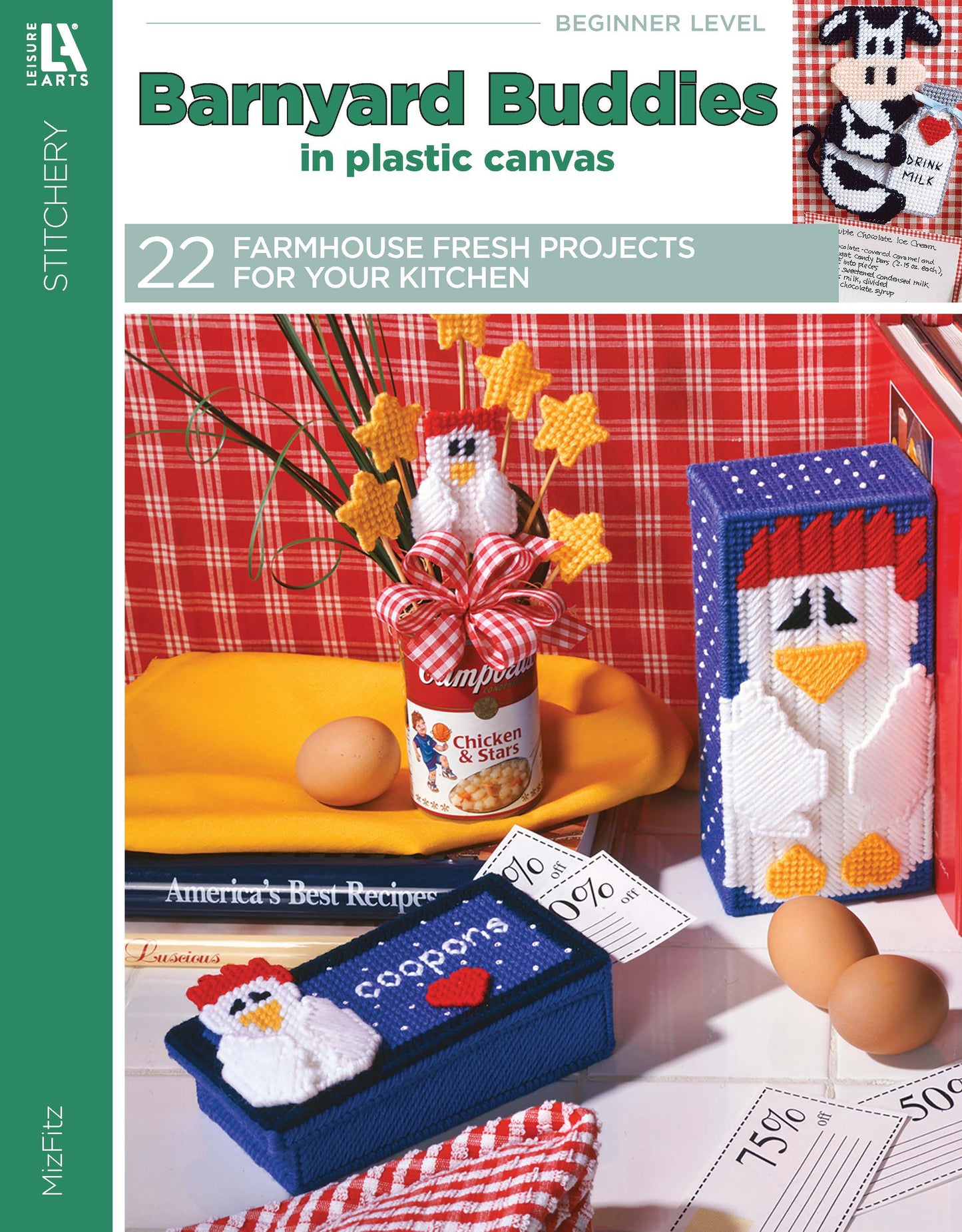Leisure Arts’ “Barnyard Buddies in Plastic Canvas” features beginner plastic canvas patterns—chickens, cow, and hearts—for kitchen décor, displayed on a red checkered background.