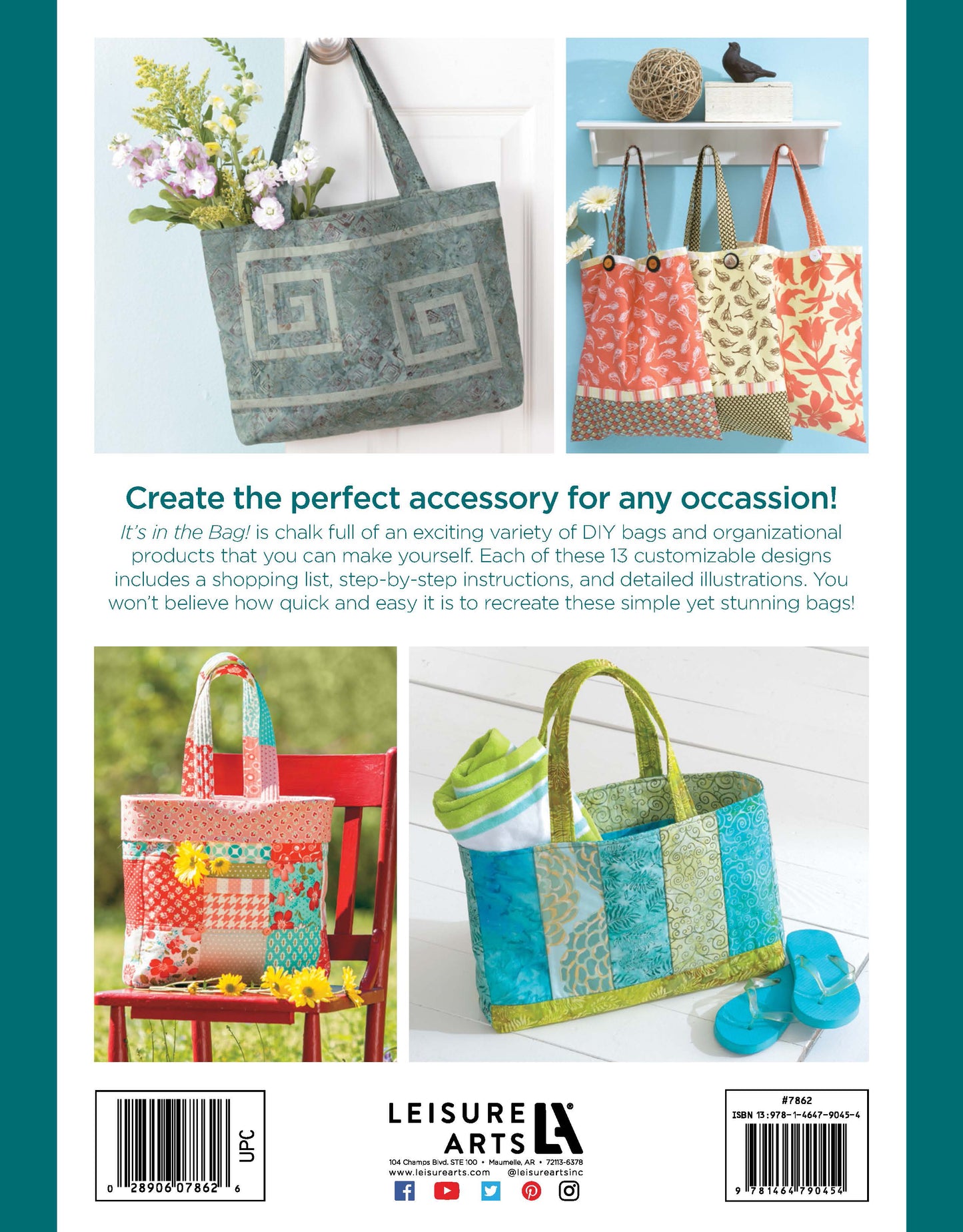 Back cover of "It’s in the Bag! Digital Download" by Leisure Arts featuring colorful, easy totes with customizable designs, beginner-friendly step-by-step projects in various patterns, plus a photo of the barcode and publisher.