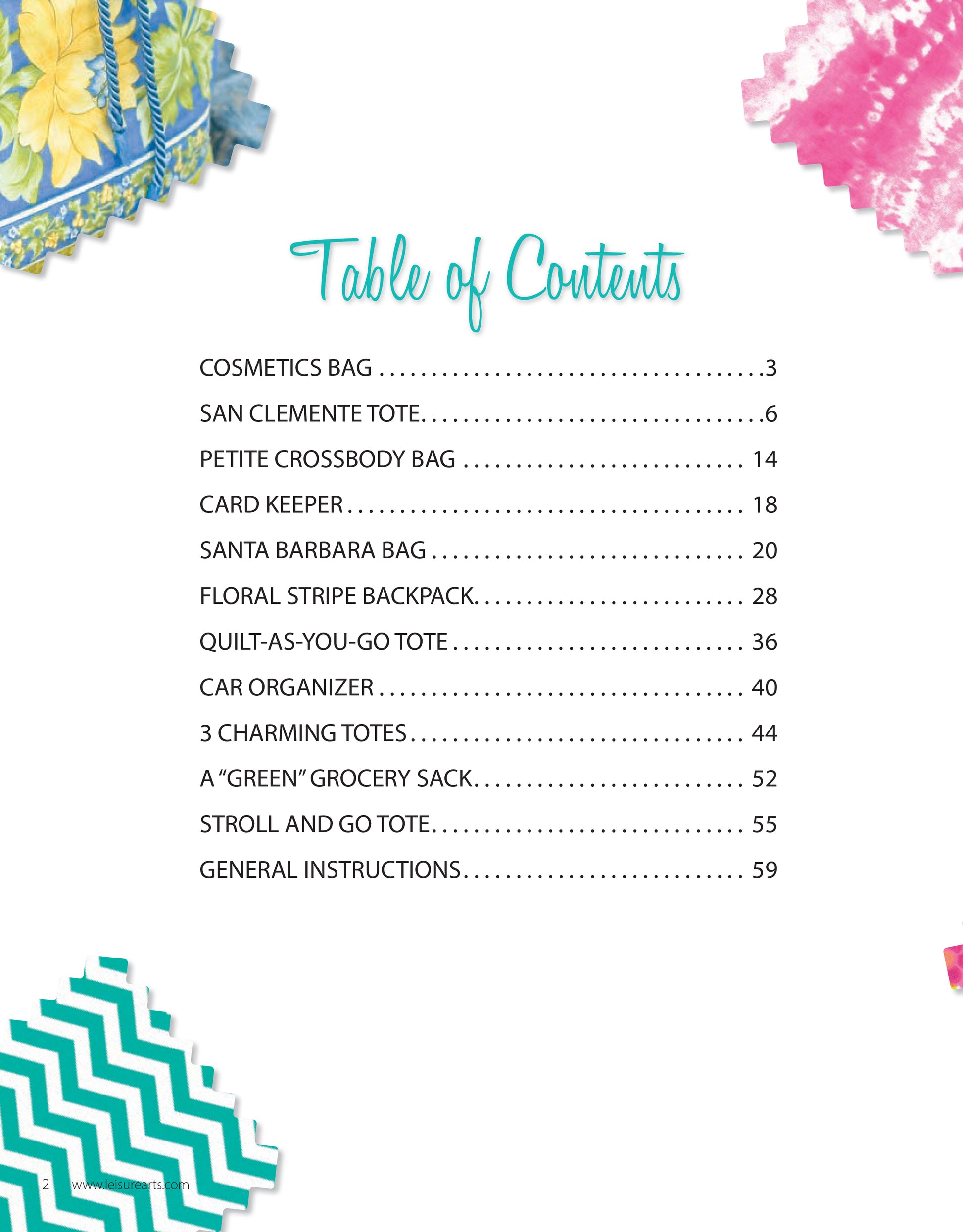 The Table of Contents for Leisure Arts' “It's in the Bag! Digital Download” shows a floral bag in the top left and colorful fabric squares in other corners. Listed are easy totes, “Cosmetics Bag,” “Card Keeper,” and page numbers in a tidy format.