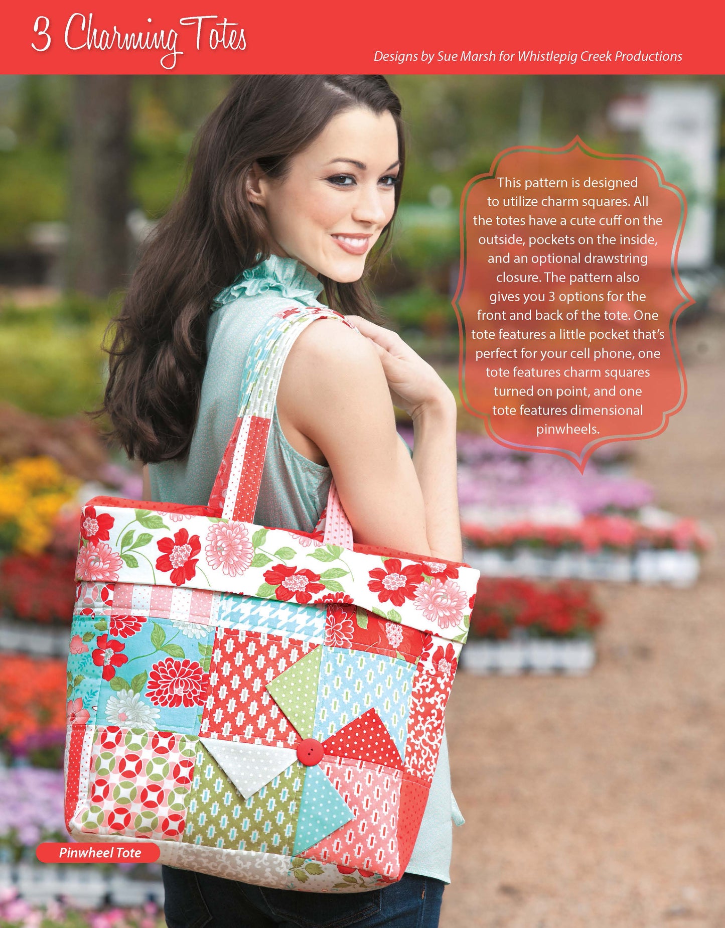 A smiling woman stands outdoors holding a colorful patchwork tote—one of Leisure Arts' beginner-friendly projects from the It's in the Bag! Digital Download. She wears a light gray top; flowers and greenery blur in the background.