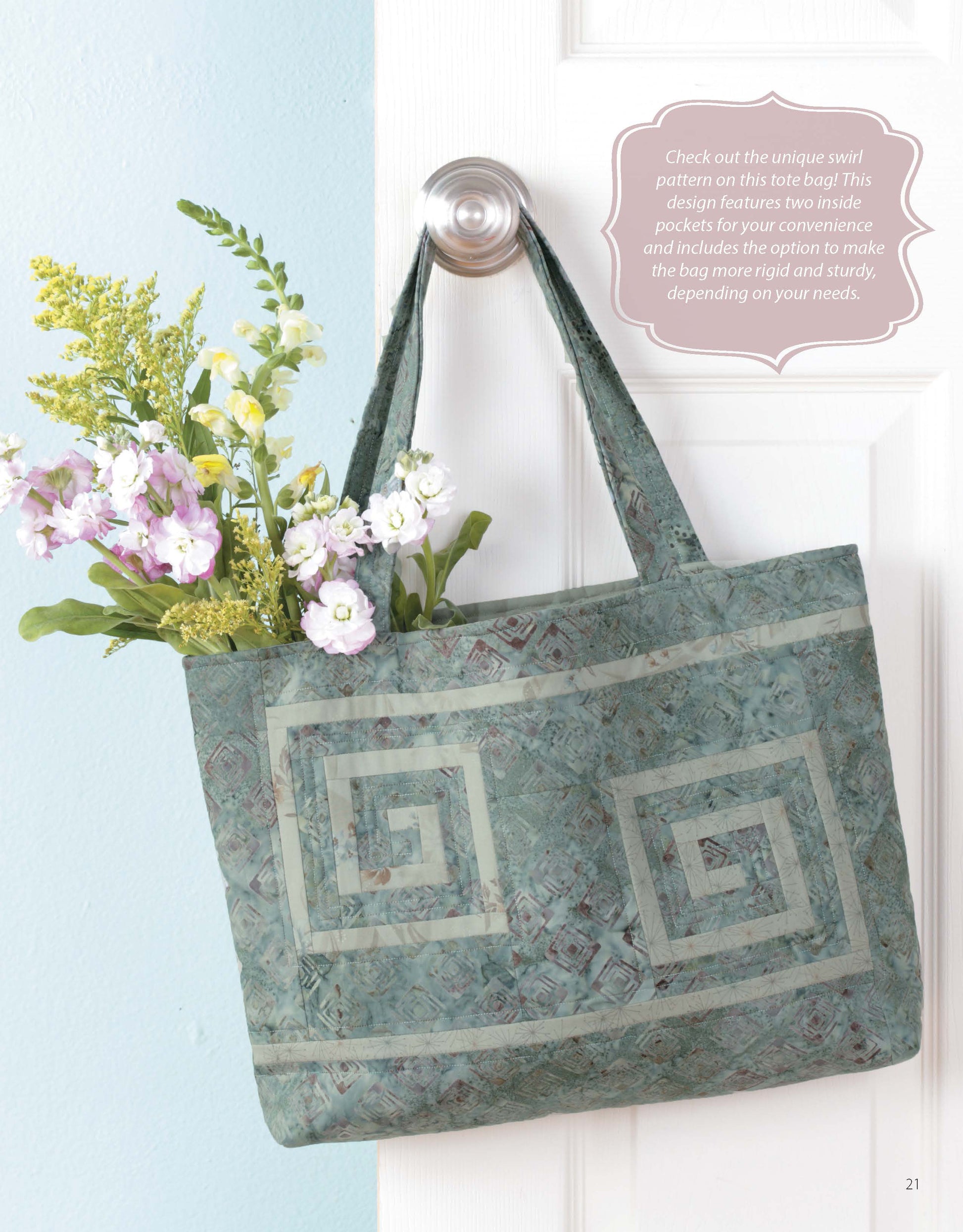 It's in the Bag! Digital Download by Leisure Arts features a green tote with a geometric swirl pattern, shown hanging on a door knob and filled with flowers—an easy, beginner-friendly sewing project highlighted in a decorative text bubble.