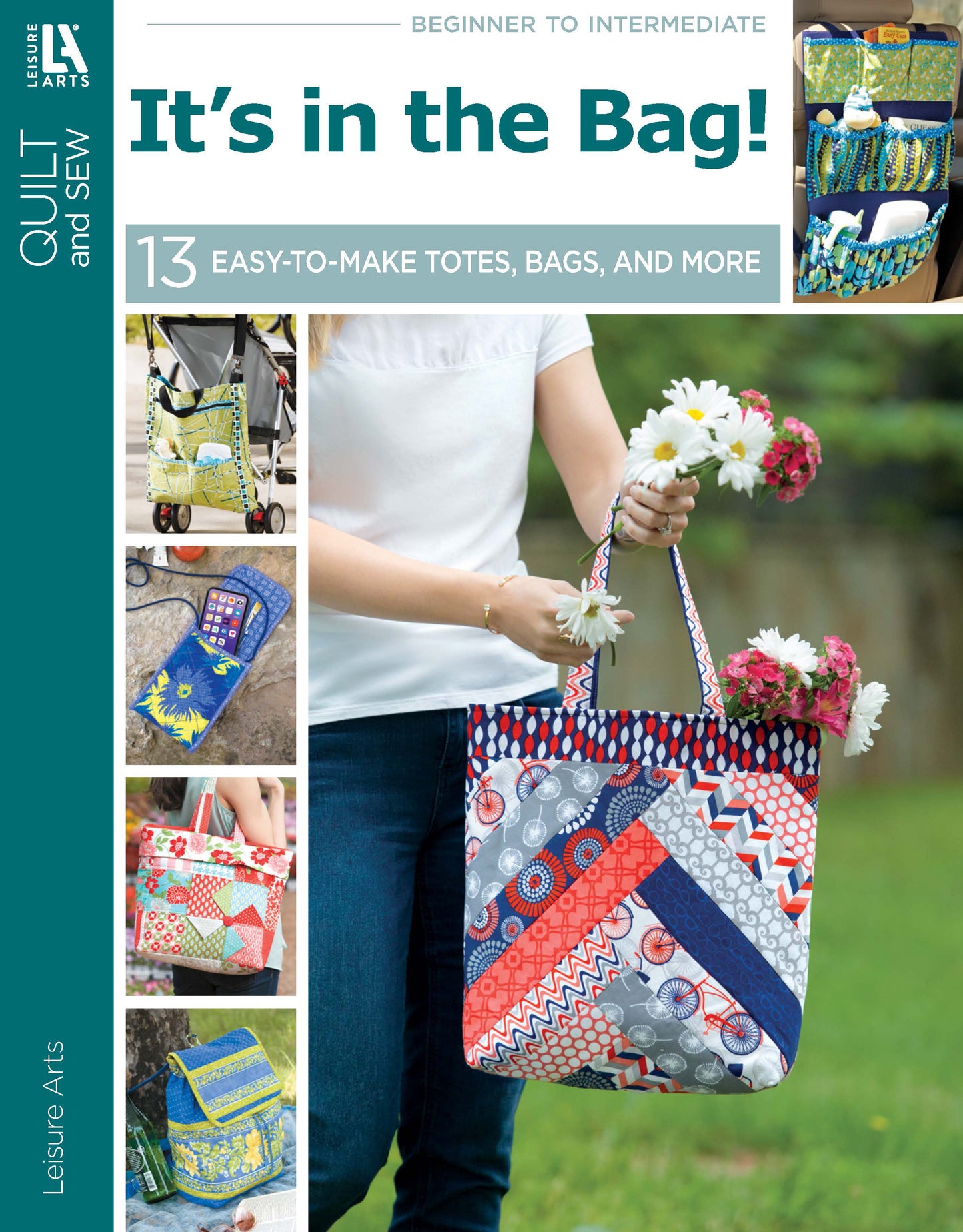 Leisure Arts' "It's in the Bag! Digital Download" features colorful, quilted tote bags. The main image shows a hand holding a patterned tote with flowers; smaller images display easy-to-make and customizable bag designs.