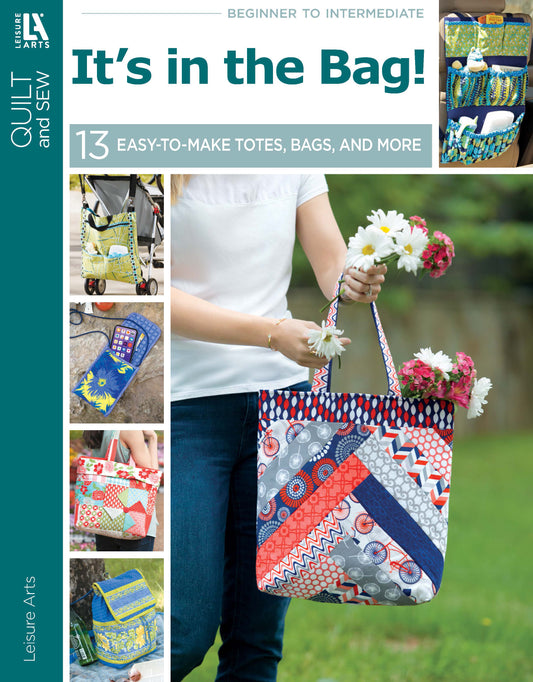 Leisure Arts' "It's in the Bag! Digital Download" features colorful, quilted tote bags. The main image shows a hand holding a patterned tote with flowers; smaller images display easy-to-make and customizable bag designs.