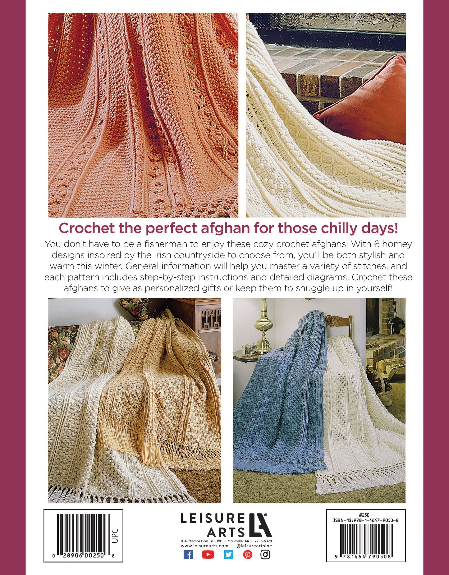 Back cover of Leisure Arts' Fisherman Crochet Afghans shows four textured afghans in cream, tan, peach, and blue on chairs. Highlights cozy patterns made with medium weight yarn, plus project and pattern details.