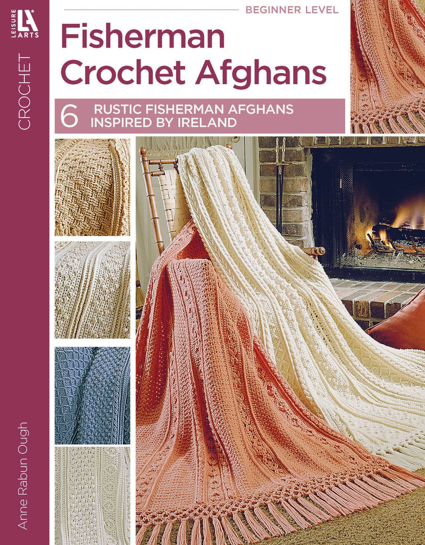 Cover of Leisure Arts' Fisherman Crochet Afghans features textured crochet patterns in neutral colors, crafted with medium weight yarn and displayed on furniture near a cozy fireplace.