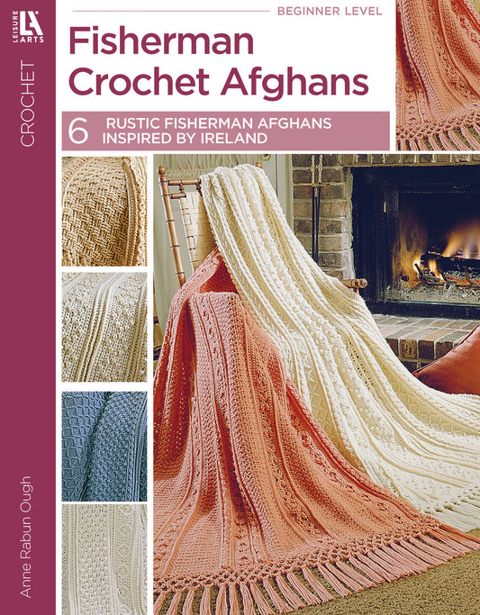 Cover of Leisure Arts' Fisherman Crochet Afghans features textured crochet patterns in neutral colors, crafted with medium weight yarn and displayed on furniture near a cozy fireplace.