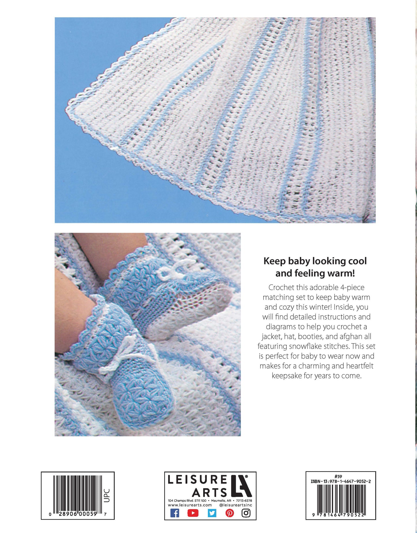 Back cover of "Snowflake Layette to Crochet" by Leisure Arts showcasing a white and blue blanket and matching baby booties with delicate snowflake stitches, displayed together, plus description and publisher info below.