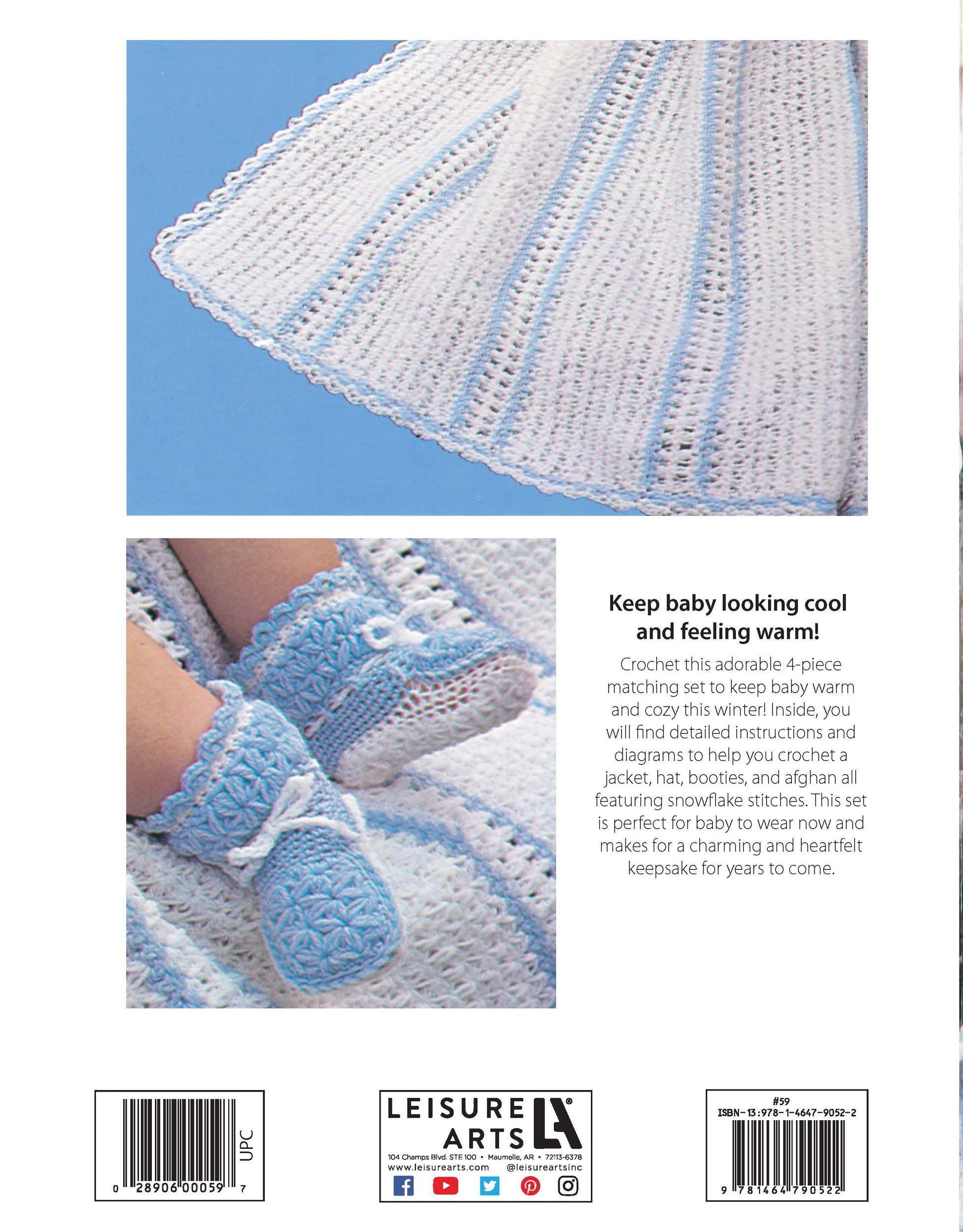 Back cover of "Snowflake Layette to Crochet" by Leisure Arts showcasing a white and blue blanket and matching baby booties with delicate snowflake stitches, displayed together, plus description and publisher info below.