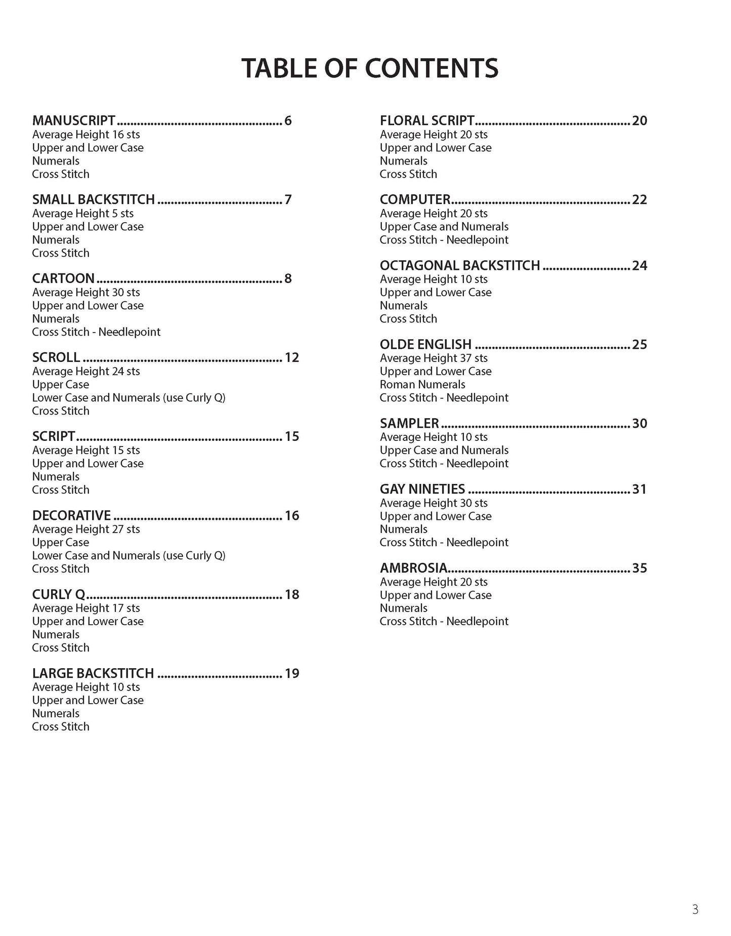 The Alphabet Album by Leisure Arts features a table of contents with 15 decorative cross stitch and needlepoint alphabets—like Manuscript, Cartoon, Script, Floral Script, Computer, Scroll, Olde English—and matching page numbers.