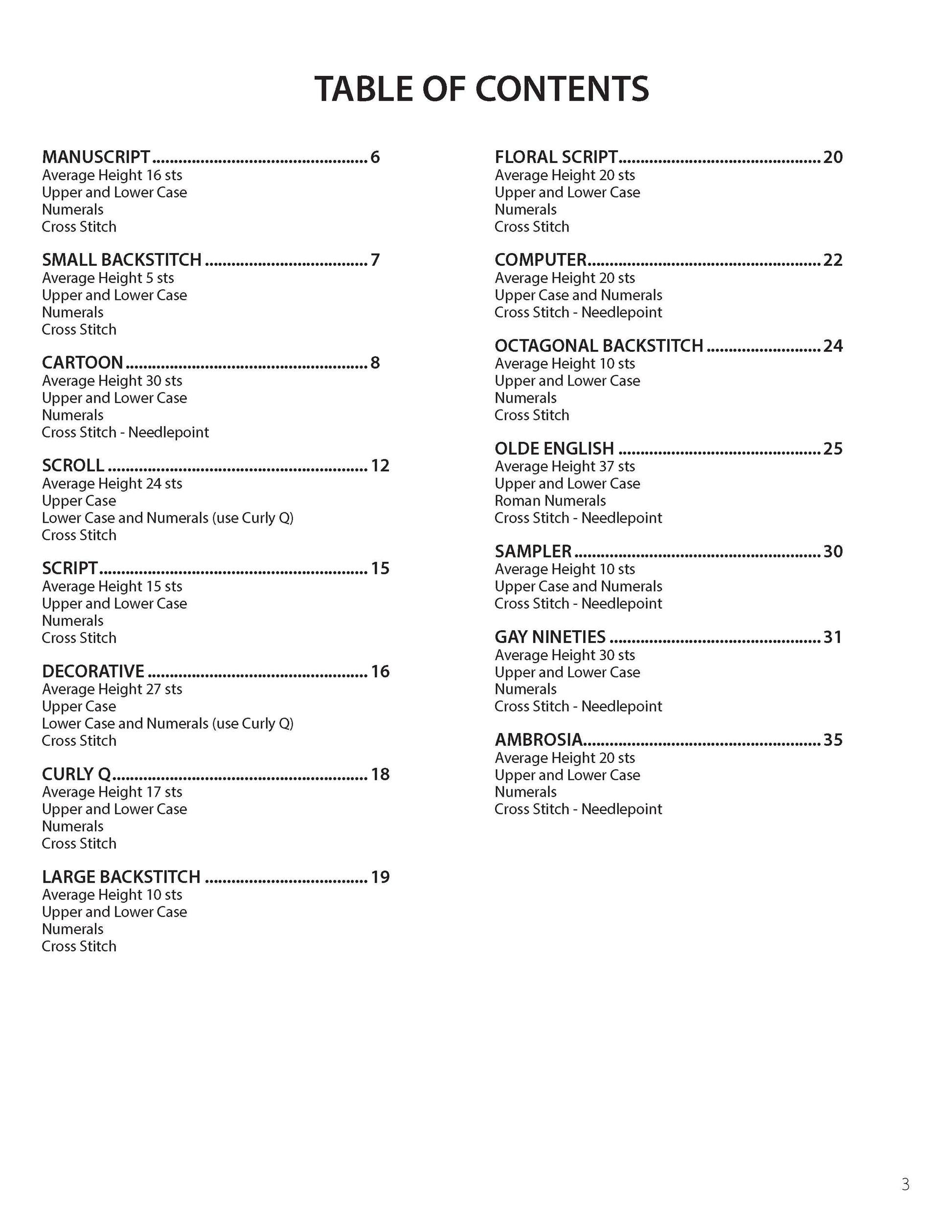 The Alphabet Album by Leisure Arts features a table of contents with 15 decorative cross stitch and needlepoint alphabets—like Manuscript, Cartoon, Script, Floral Script, Computer, Scroll, Olde English—and matching page numbers.