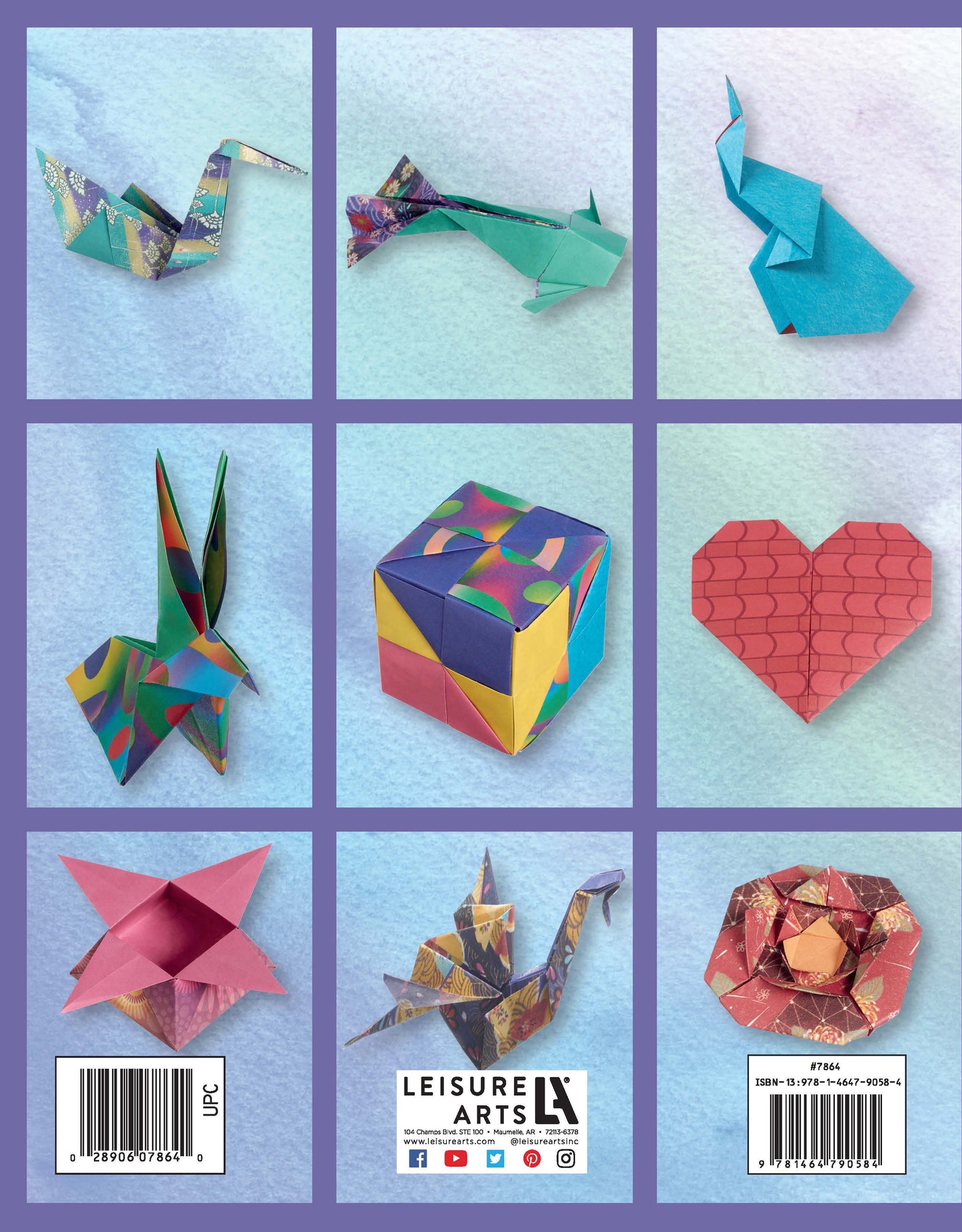 A vibrant grid of nine origami designs—from bird to flower—appears on a pastel blue cover of "Origami Fun" by Leisure Arts, with barcode and logos at the bottom, offering inspiration for all skill levels.