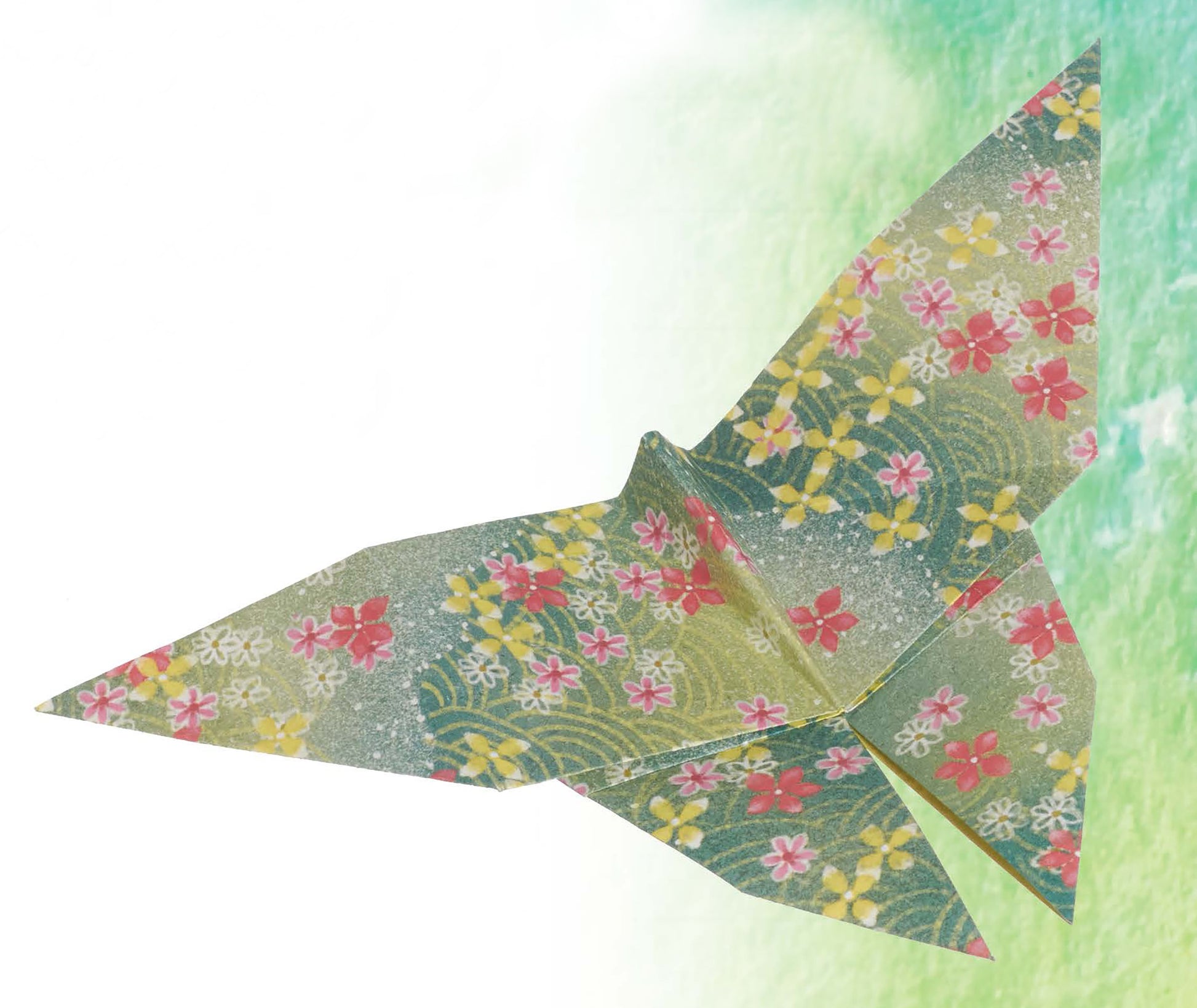 Origami Fun by Leisure Arts features a butterfly made from patterned paper with pink, yellow, and white flowers on a green-white gradient background—ideal for origami projects or inspiring your next origami book.