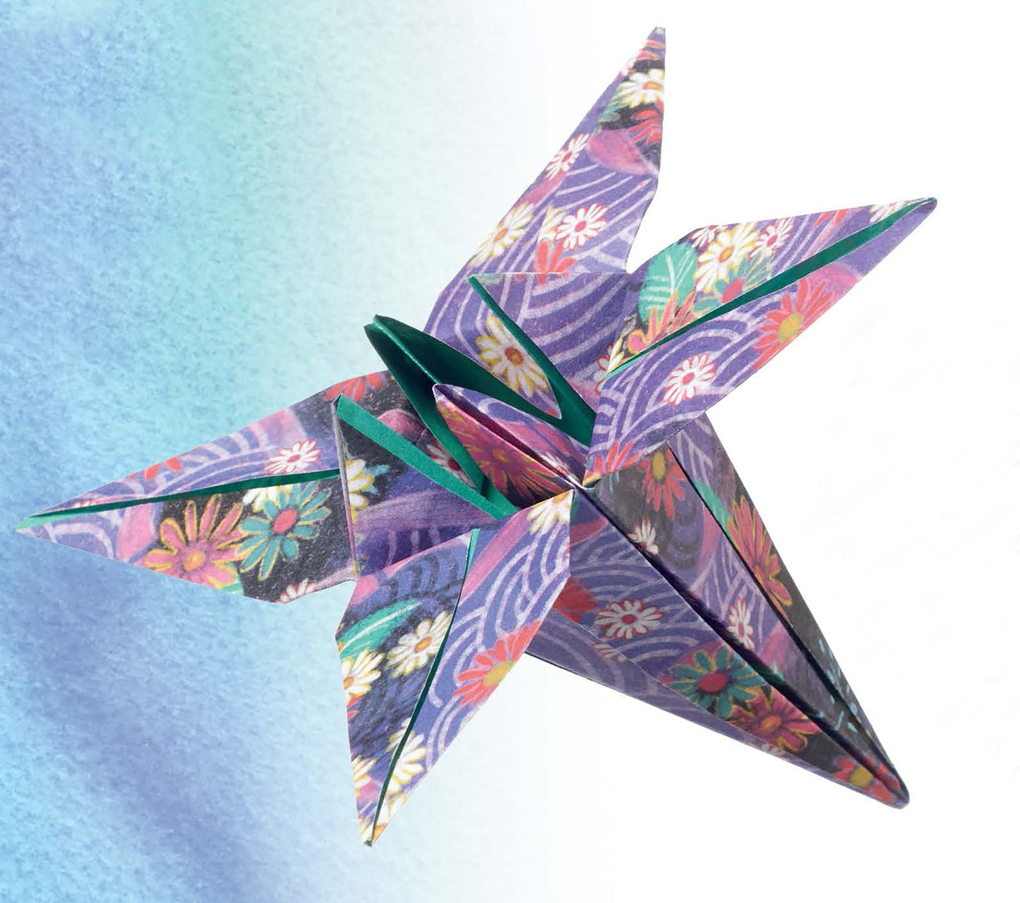Origami Fun by Leisure Arts features a vibrant origami butterfly crafted from floral and wave patterned paper, ideal for origami projects or books, set on a soft blue and white gradient background.