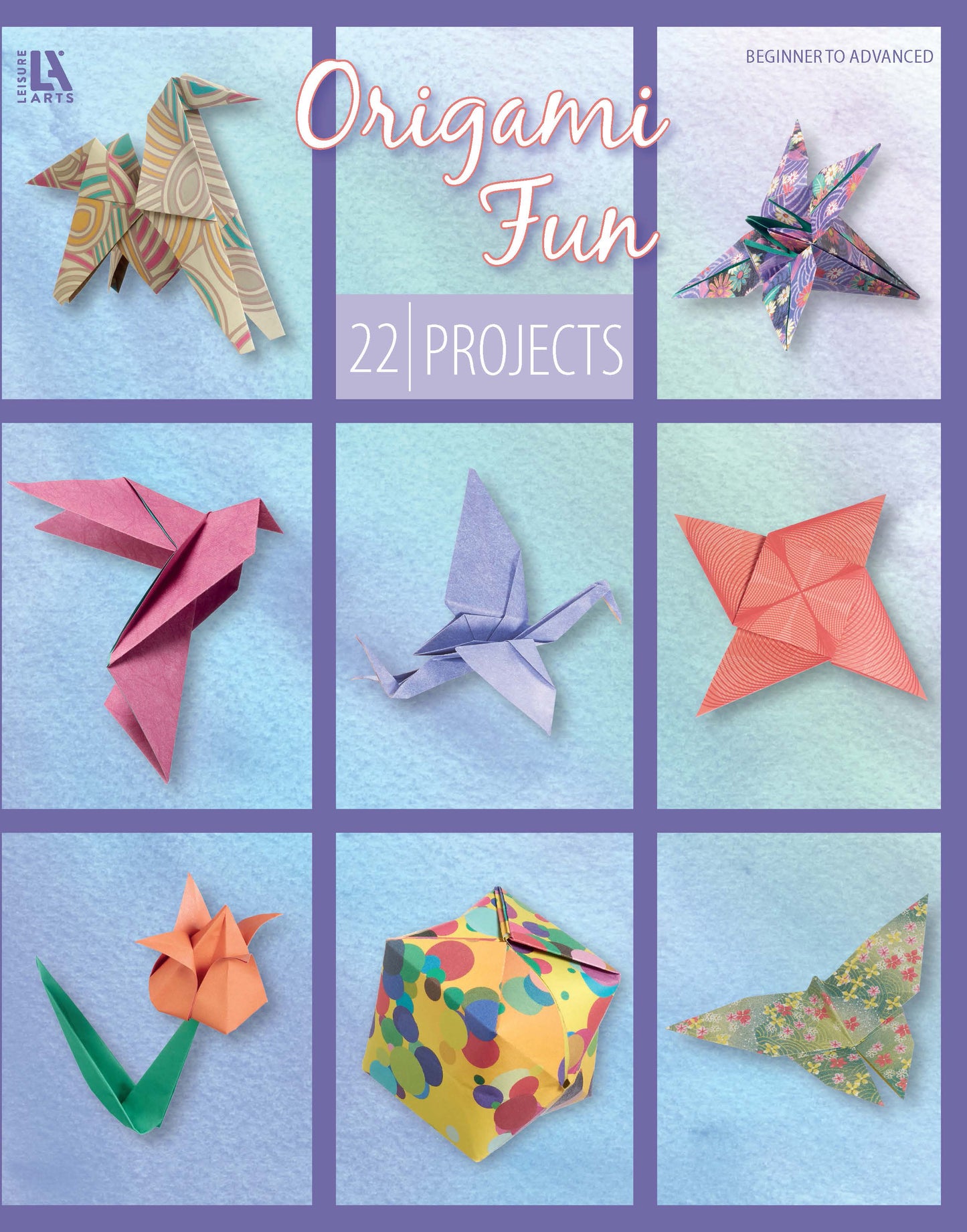 A grid of colorful origami figures with birds, a butterfly, flower, box, and star appears on a blue background with the title Origami Fun—22 origami projects from beginner to advanced—from Leisure Arts.