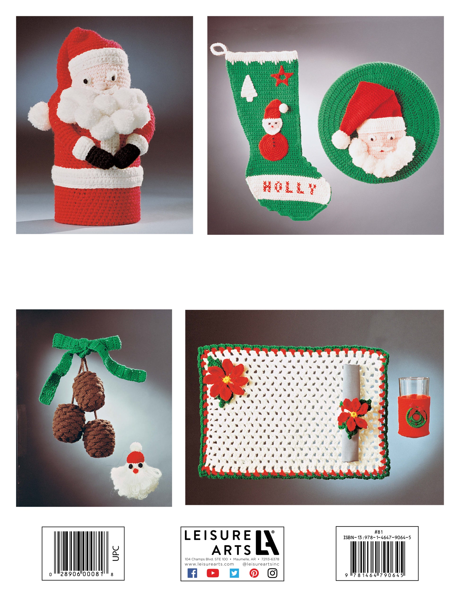 Four festive crochet projects from "Crochet for Christmas" by Leisure Arts: a Santa figure, green stocking and mat with Santa faces, pinecone ornaments, and a red-and-green poinsettia placemat—perfect beginner crafts with worsted weight yarn.