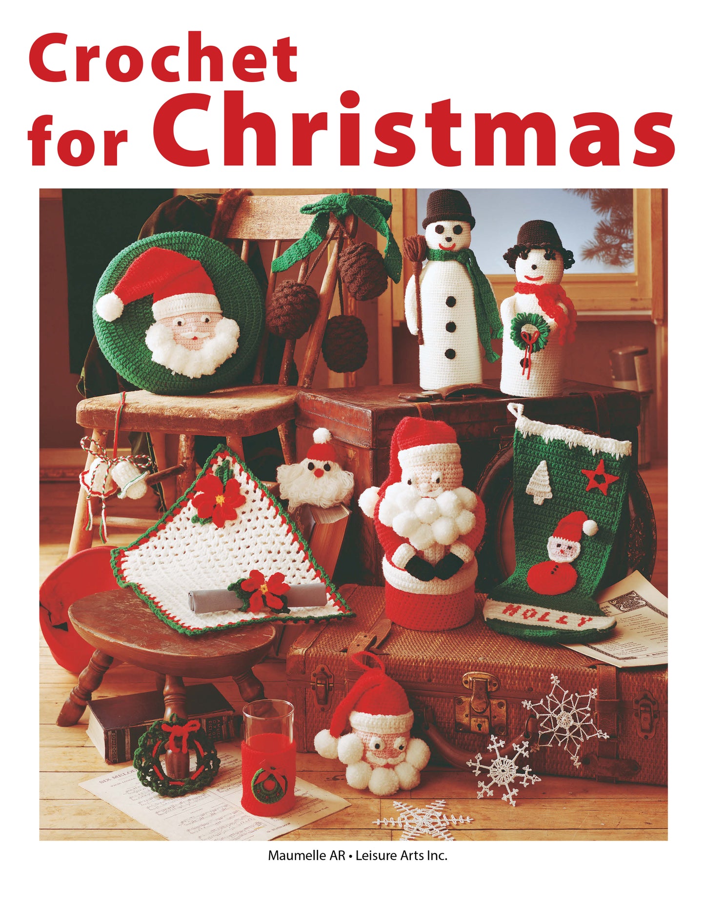 The Leisure Arts Crochet for Christmas book features easy beginner patterns for Santa, snowman, stockings, angel, and festive doilies—perfect holiday decorations made with worsted weight yarn.