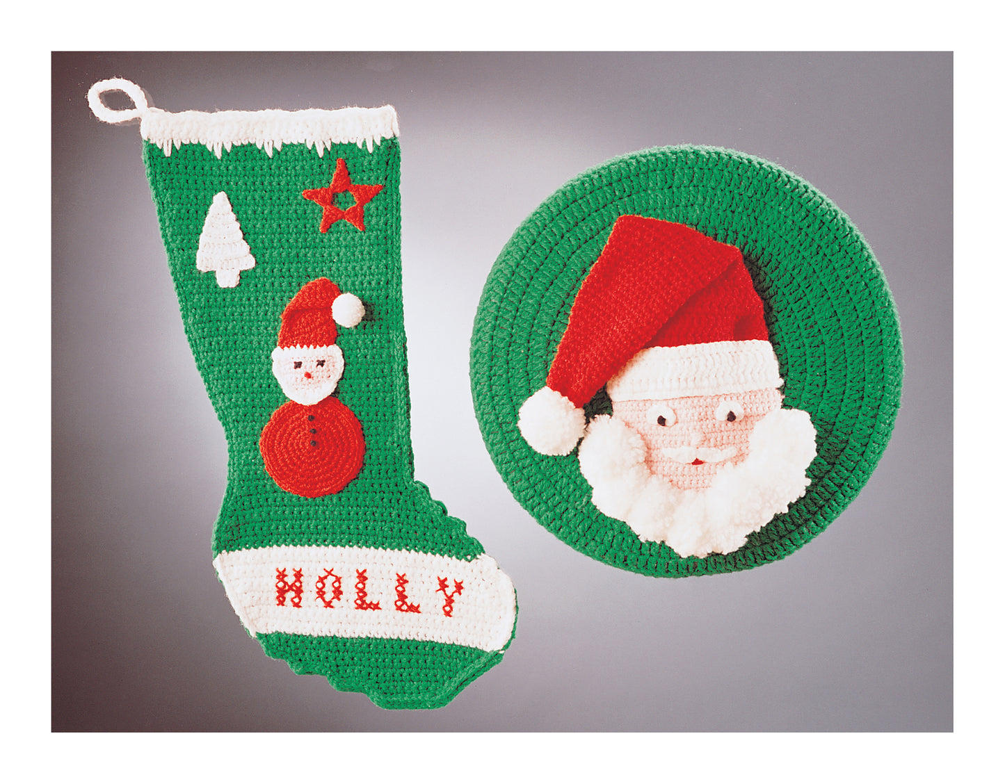 Crochet for Christmas by Leisure Arts features a green stocking with Santa, a star, tree, and the name HOLLY, plus a matching crocheted circle with Santa’s face—festive decor for your home and crafts collection.
