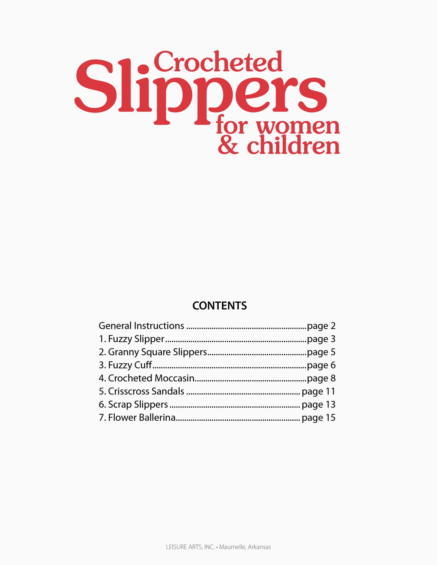 Cover page for Leisure Arts’ "Crocheted Slippers for Women & Children," featuring a table of contents with stylish women’s slippers, fun children’s designs, and trendy sandal patterns.