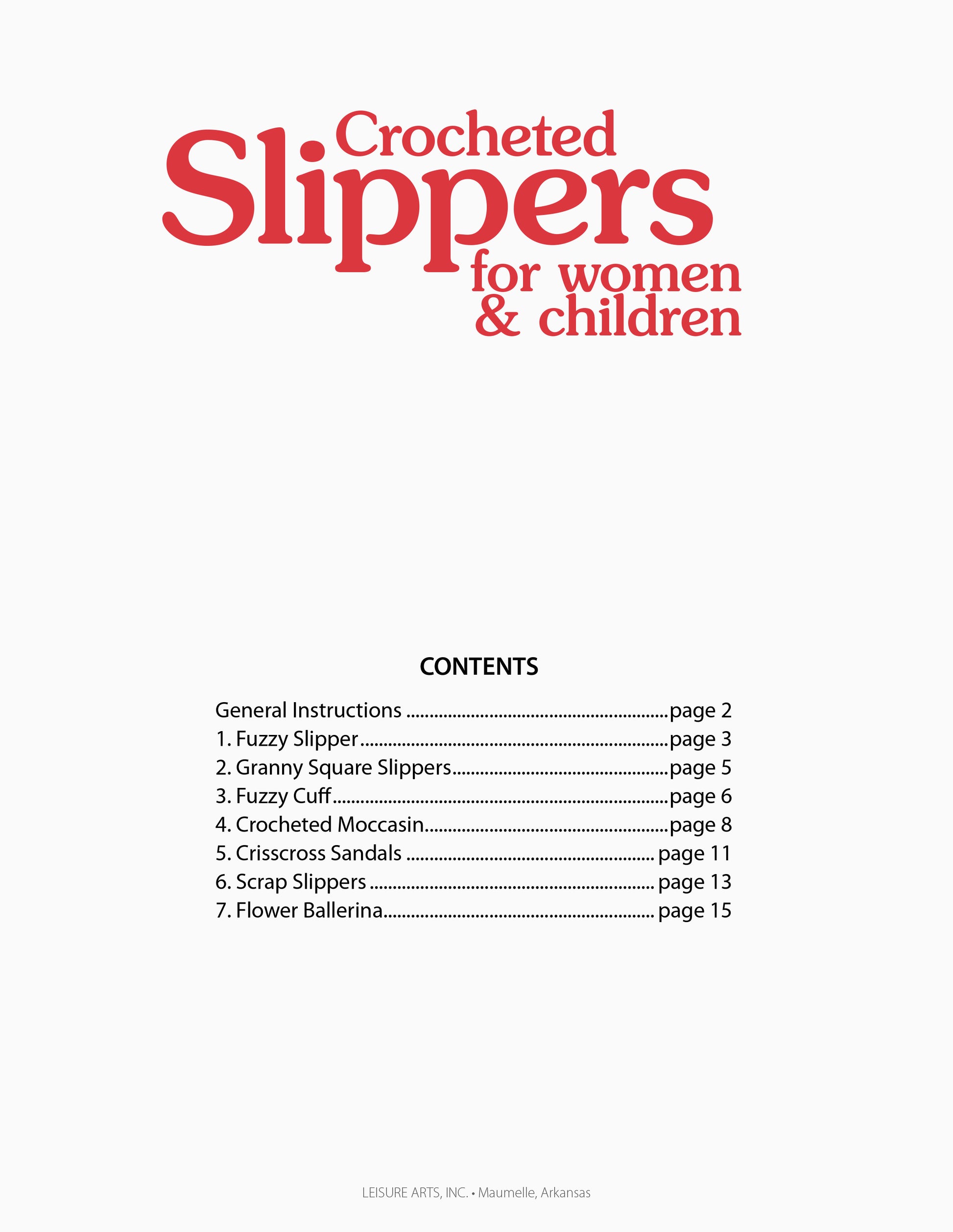Cover page for Leisure Arts’ "Crocheted Slippers for Women & Children," featuring a table of contents with stylish women’s slippers, fun children’s designs, and trendy sandal patterns.