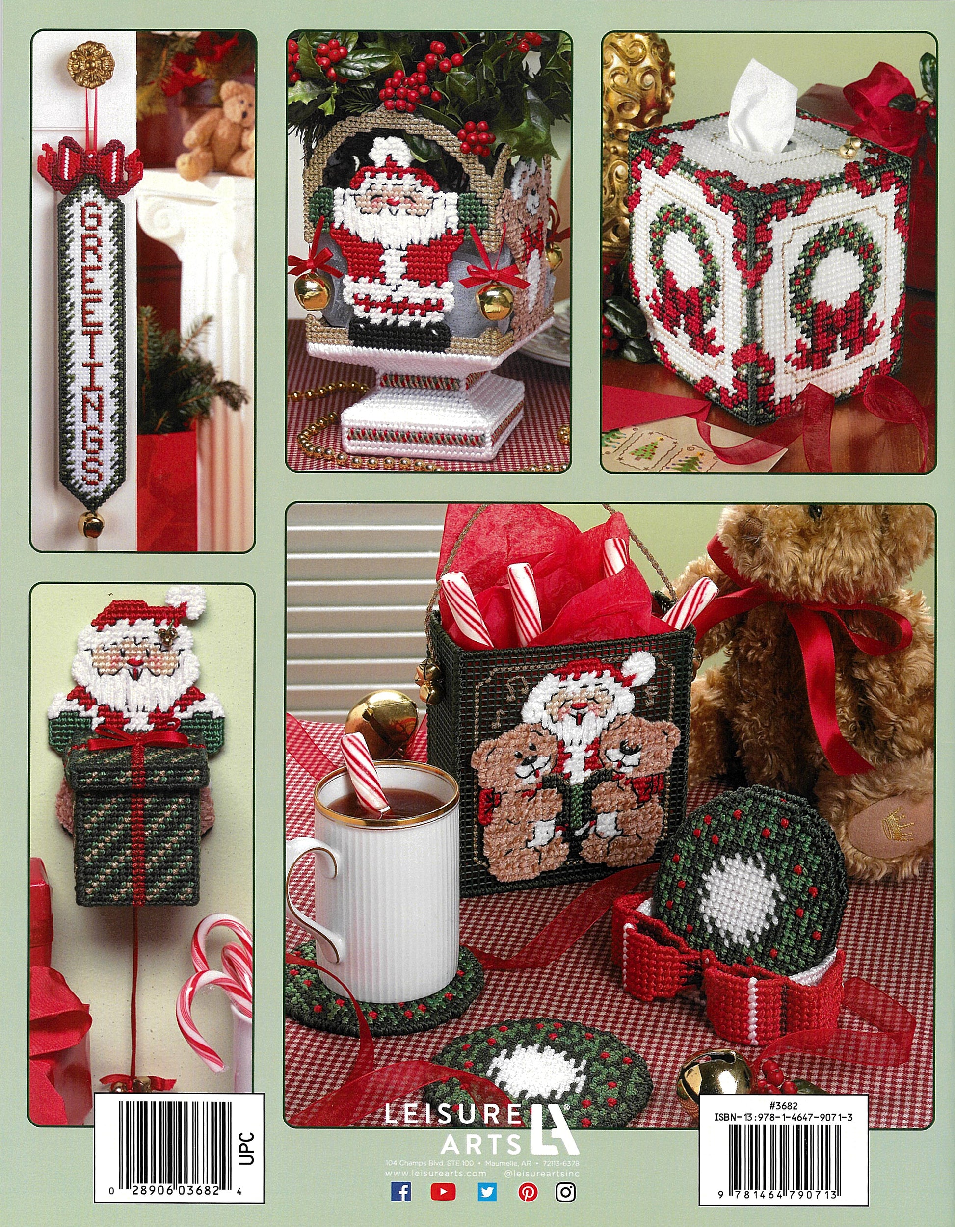 Five photos show beginner-friendly Christmas projects from "Santa, Bears, & Bells in Plastic Canvas" by Leisure Arts, including Santa, a “Greetings” door hanger, tissue box cover, coaster, and candy cane mug in festive red, green, and white.