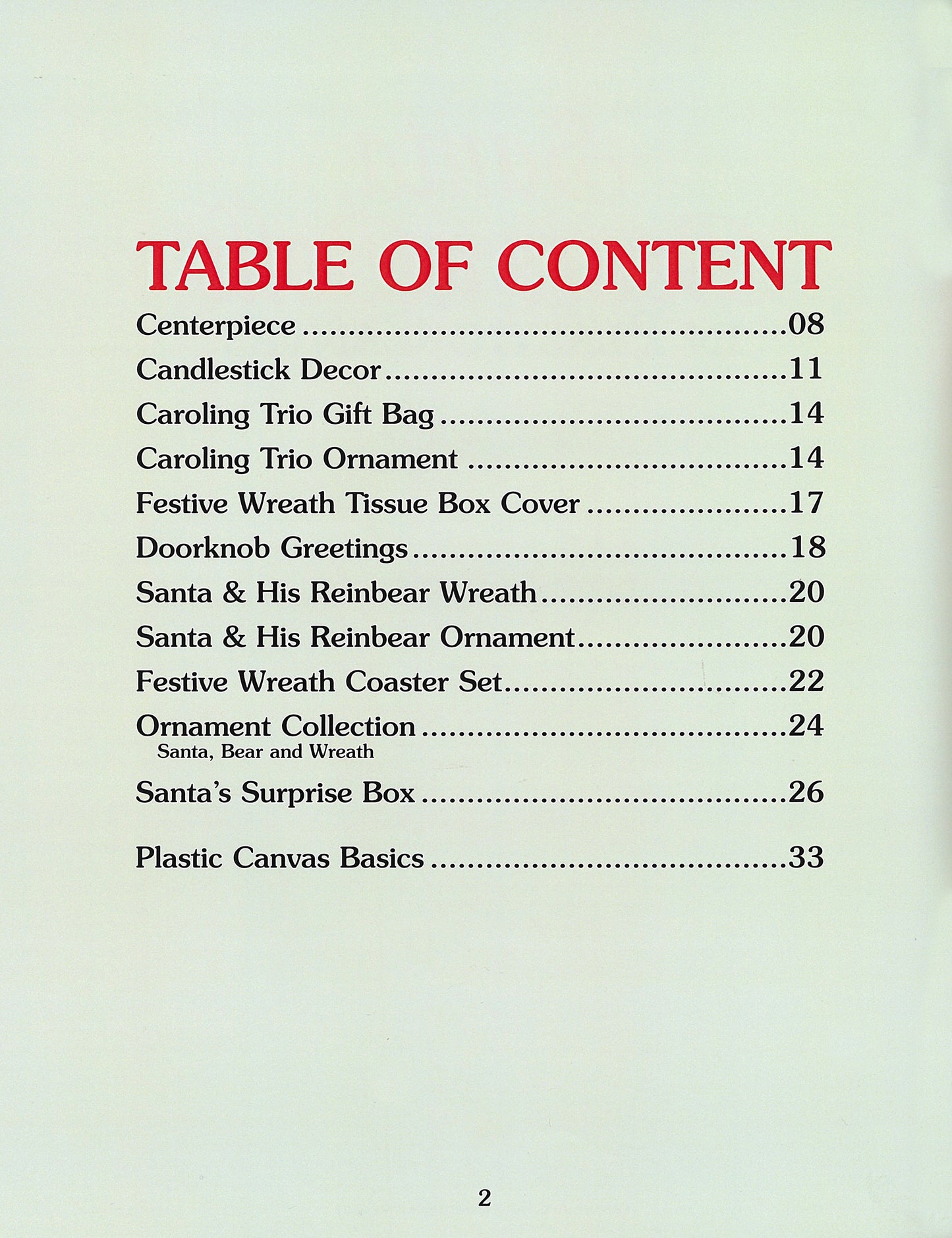 The table of contents in "Santa, Bears, & Bells in Plastic Canvas" by Leisure Arts lists beginner holiday crafts like Centerpieces, Candlestick Decor, Caroling Trio Gift Bag, wreaths, ornaments, Santa projects, and Plastic Canvas Basics with page numbers.