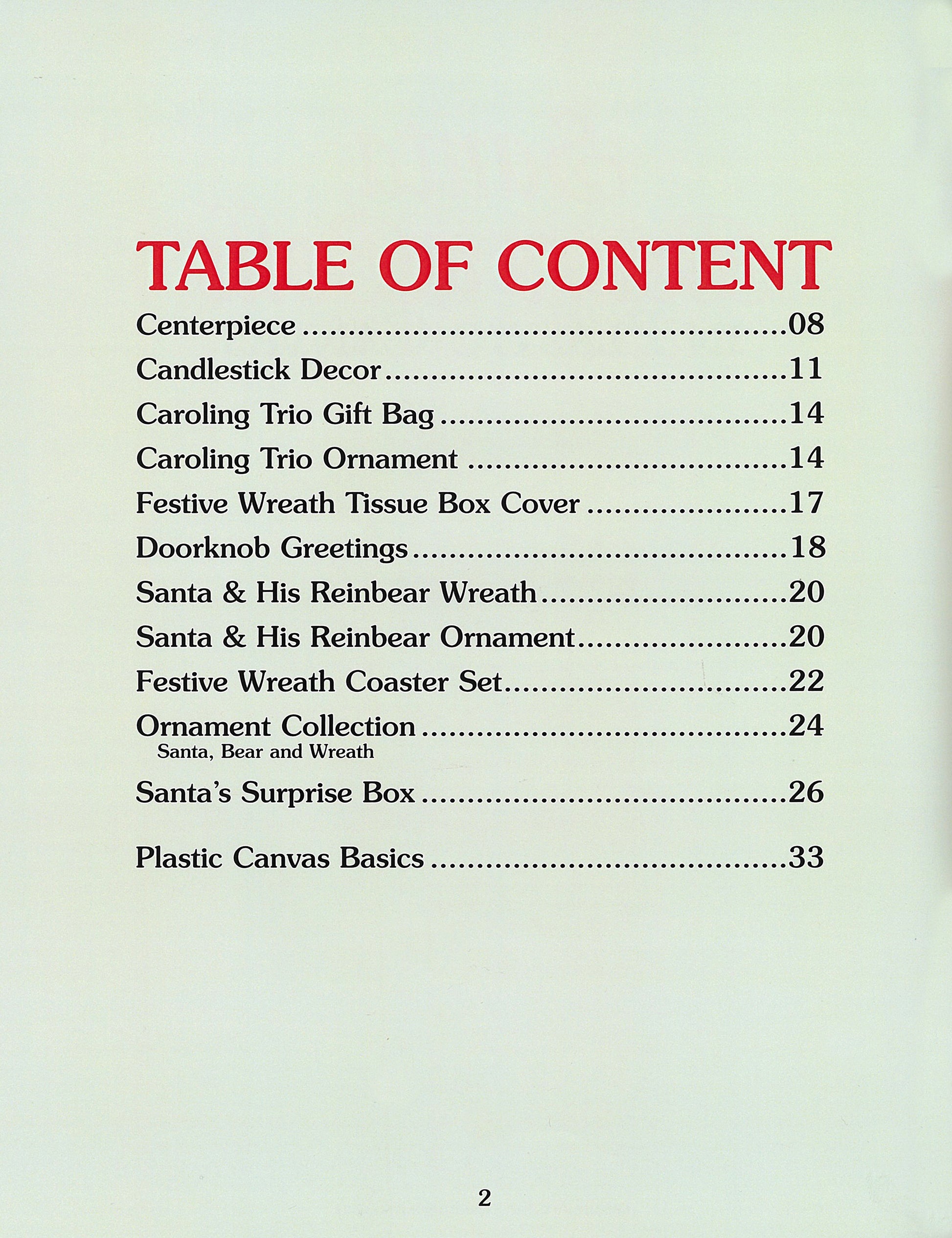 The table of contents in "Santa, Bears, & Bells in Plastic Canvas" by Leisure Arts lists beginner holiday crafts like Centerpieces, Candlestick Decor, Caroling Trio Gift Bag, wreaths, ornaments, Santa projects, and Plastic Canvas Basics with page numbers.