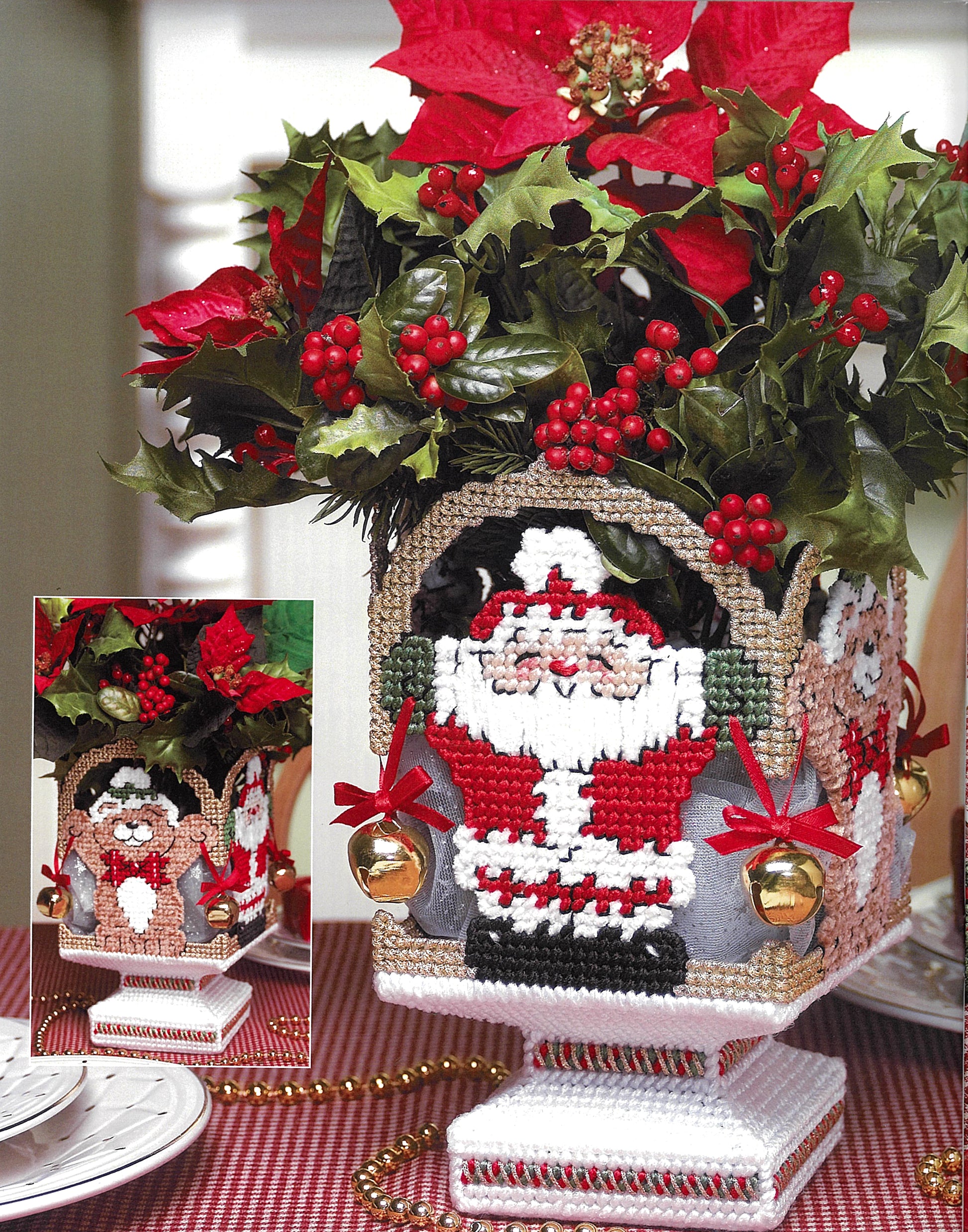 Create a festive holiday centerpiece with “Santa, Bears, & Bells in Plastic Canvas” by Leisure Arts—an ideal beginner-friendly holiday craft featuring Santa faces, perfect for plastic canvas fans.