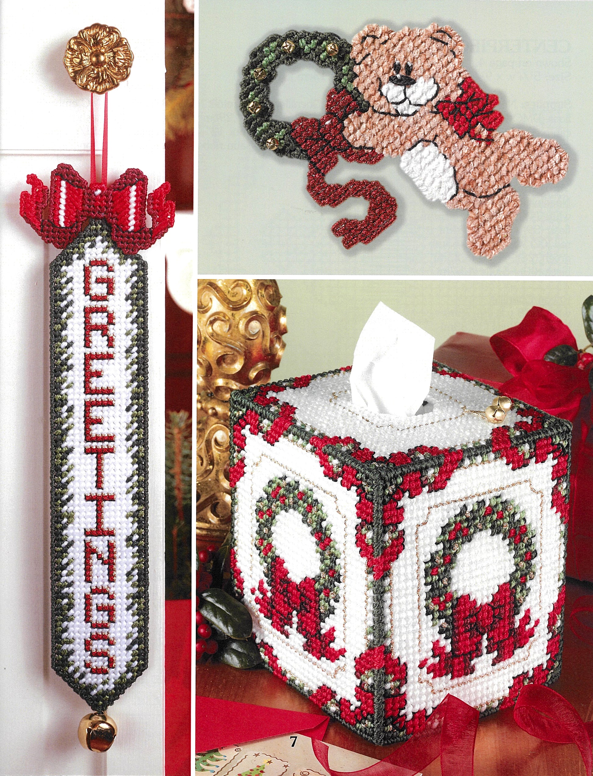 A photo displays three beginner-friendly projects from Leisure Arts' "Santa, Bears, & Bells in Plastic Canvas": a “GREETINGS” door hanger with bow and bell, a bear with a holiday wreath, and a festive tissue box cover.