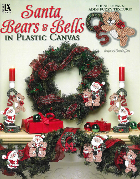 Leisure Arts’ "Santa, Bears, & Bells in Plastic Canvas" features easy holiday projects—Santa, bears, and bells—to display on wreaths, garlands, or mantels, with festive gifts and greenery.