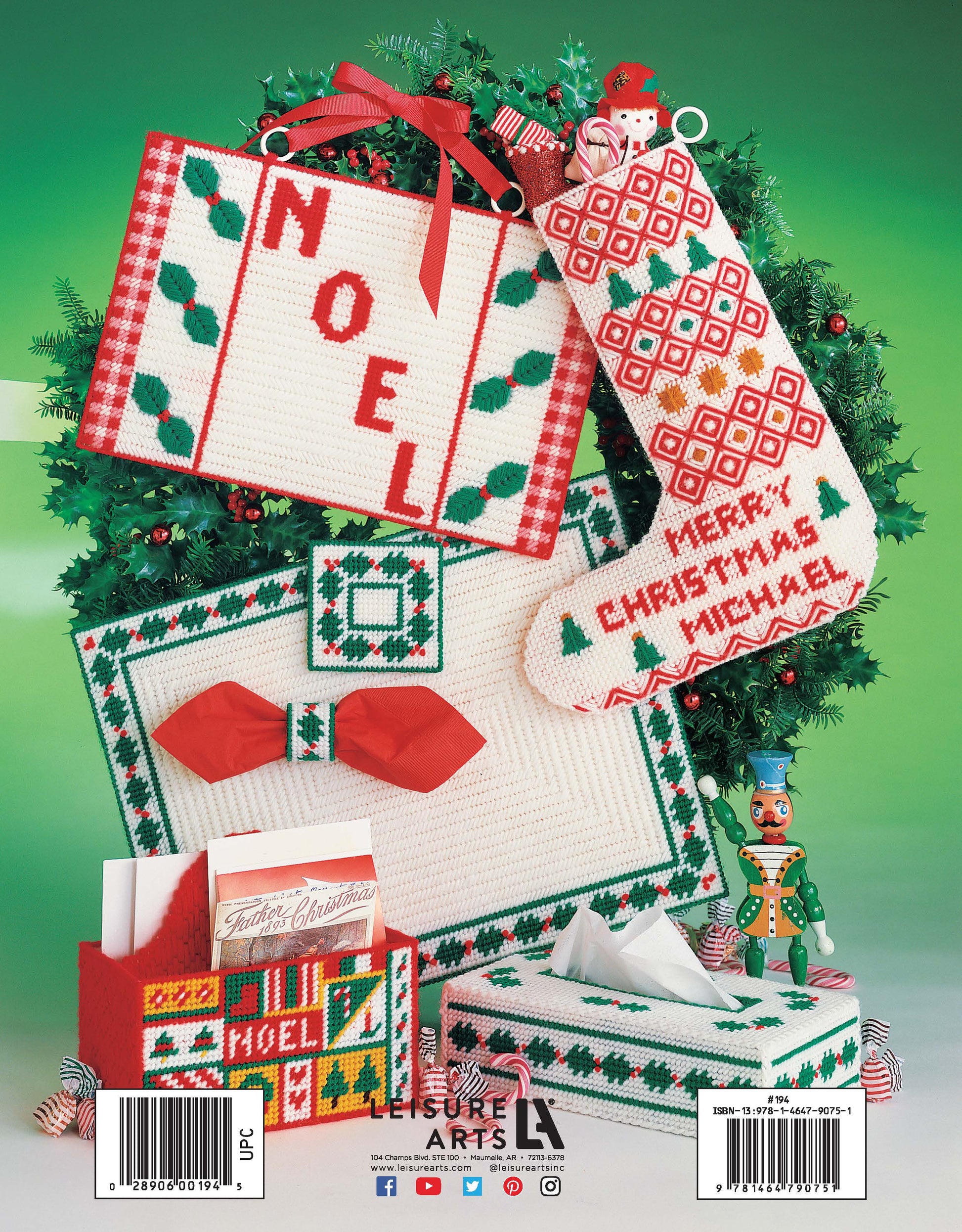 Leisure Arts’ "More Christmas Projects for Plastic Canvas" offers beginner-friendly holiday crafts, including a NOEL sign, stocking, bow tie, card box, placemat, and toy soldier in festive colors—perfect for your Christmas display.