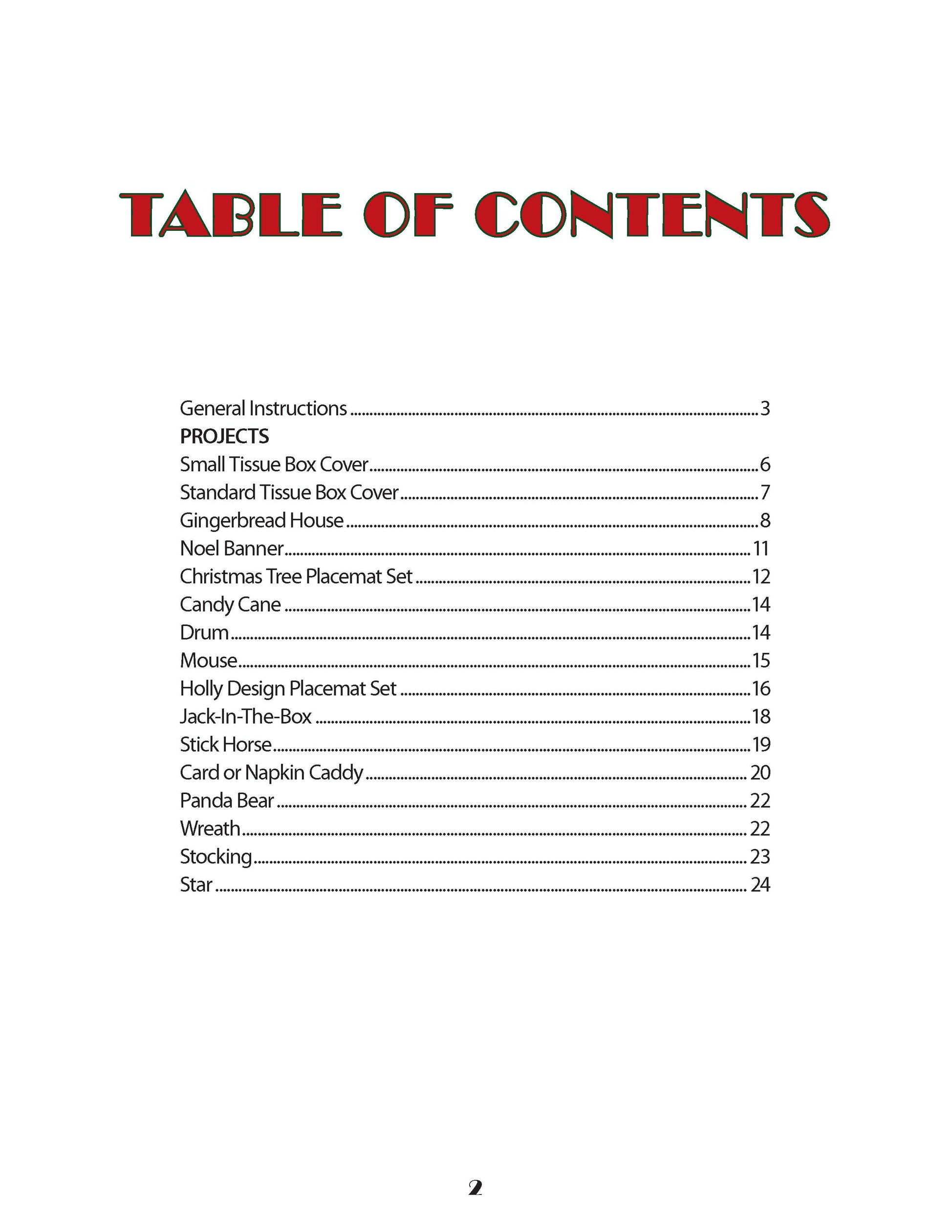 A TABLE OF CONTENTS page in red lists beginner-friendly projects from More Christmas Projects for Plastic Canvas by Leisure Arts, each with its page number, all arranged in a single column.