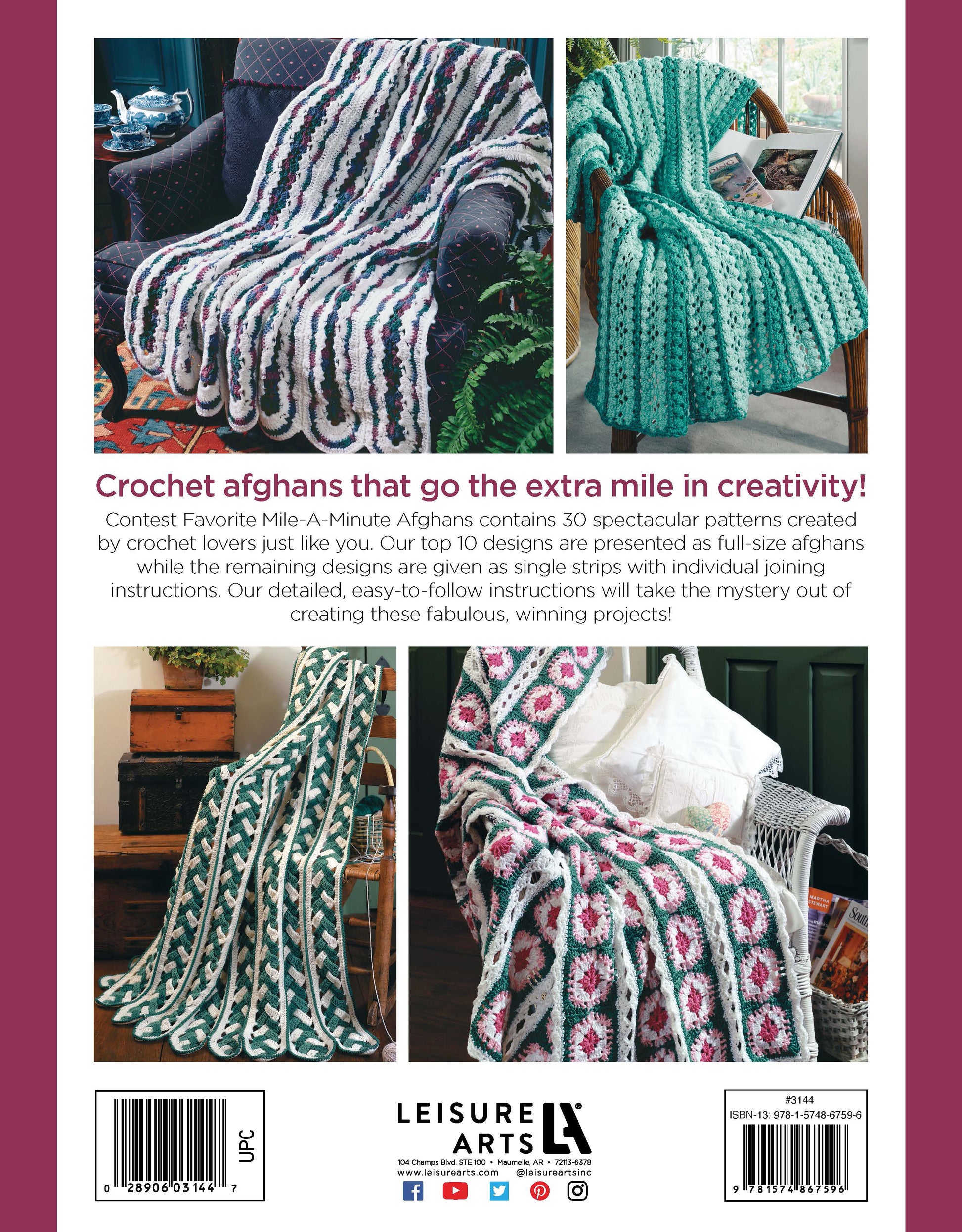 Back cover of Leisure Arts' "Contest Favorite Mile-A-Minute Afghans," featuring three vibrant crocheted afghans draped over chairs and a couch. Text highlights creative, award-winning crochet designs; publisher details appear below.