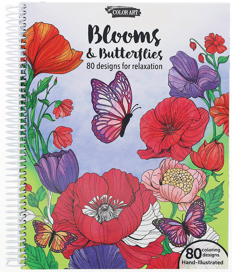 The Blooms & Butterflies Coloring Book by Leisure Arts is spiral-bound and features a vibrant cover with flowers and butterflies, offering 80 relaxing designs—perfect for beginners seeking creative relaxation.