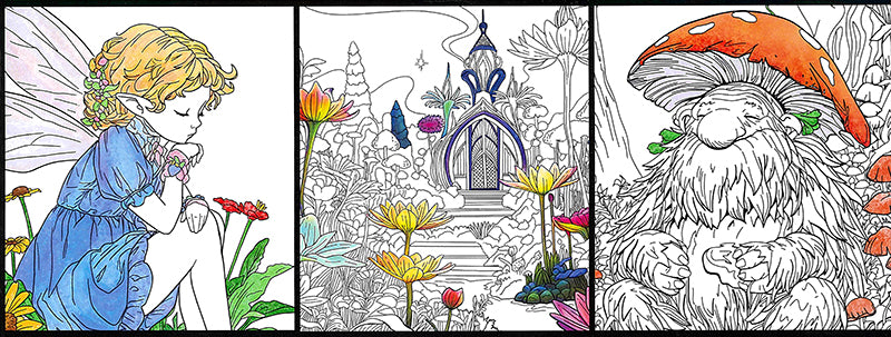 Enchanted Gardens by Leisure Arts offers 36 magical fantasy designs for adult coloring, including a fairy child in blue among flowers, a whimsical castle, and a smiling gnome—perfect beginner-friendly art for relaxation.