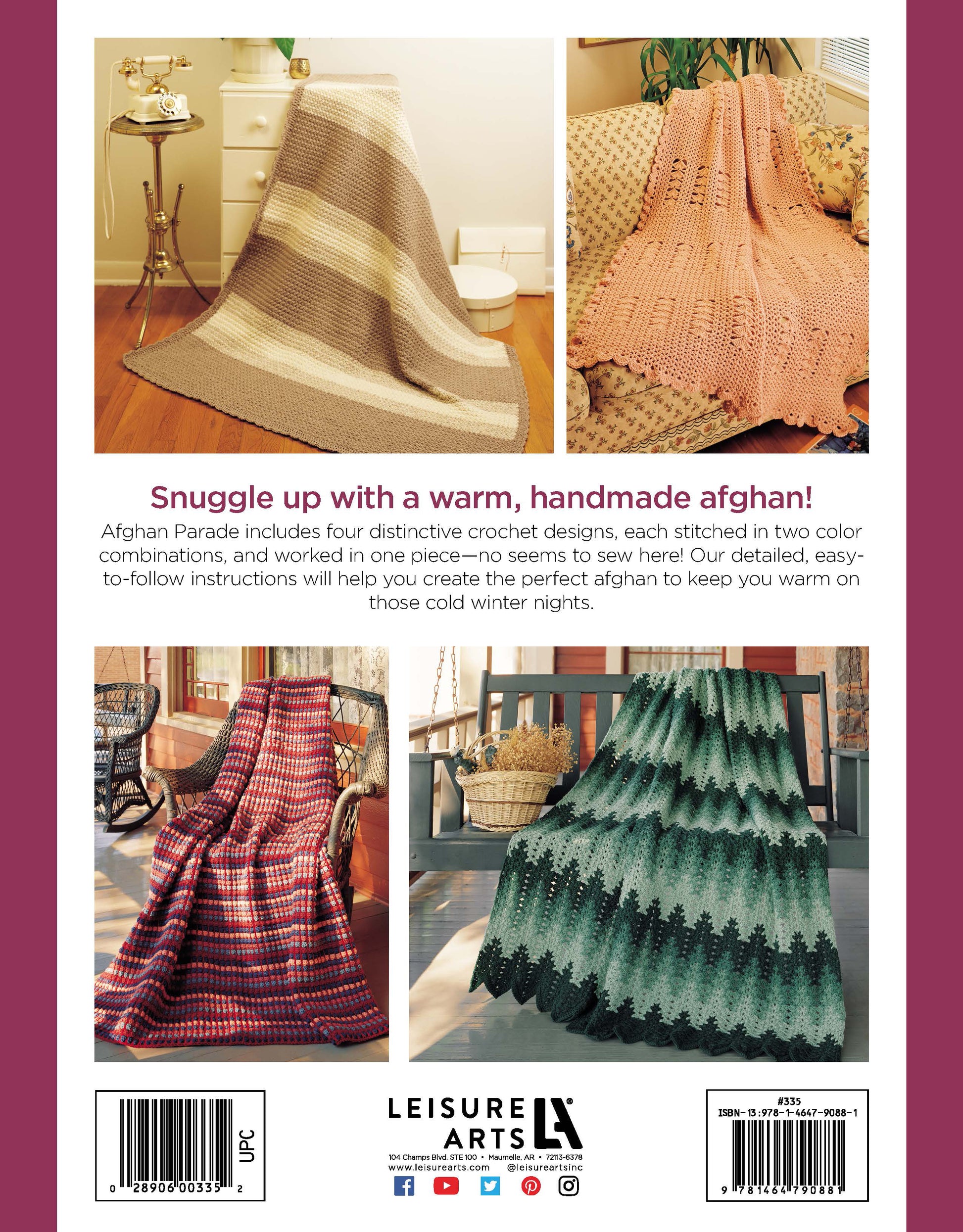 Afghan Parade by Leisure Arts features four worsted-weight crocheted afghans—beige/brown stripes, multicolor, red plaid, and green zigzag—all elegantly draped over chairs and a couch.